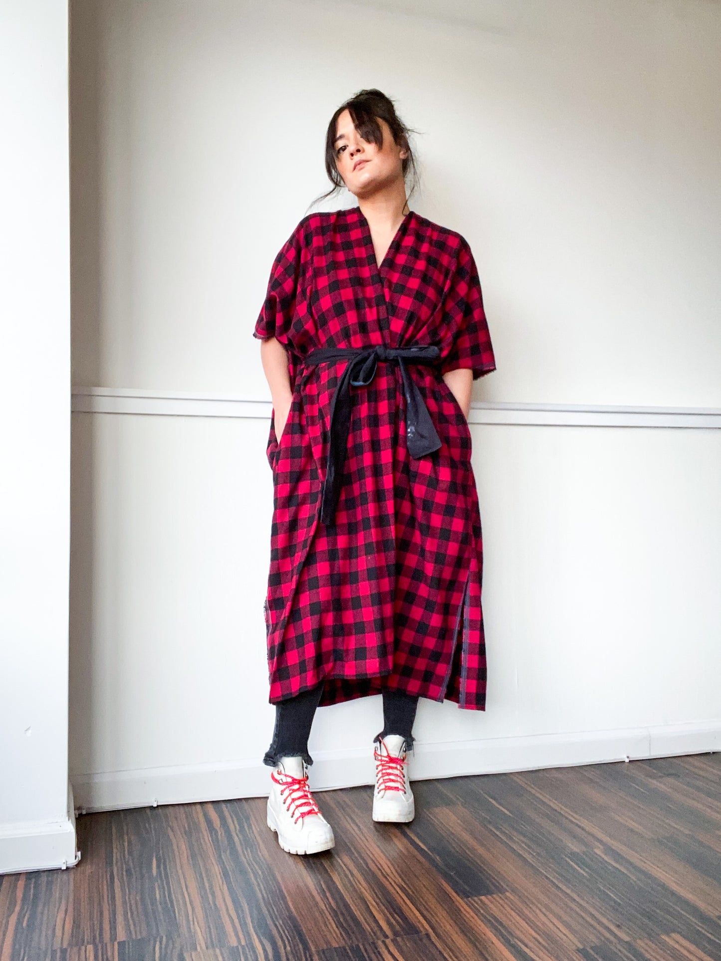 Everyday Midi Kimono Dress Plaid Red Check