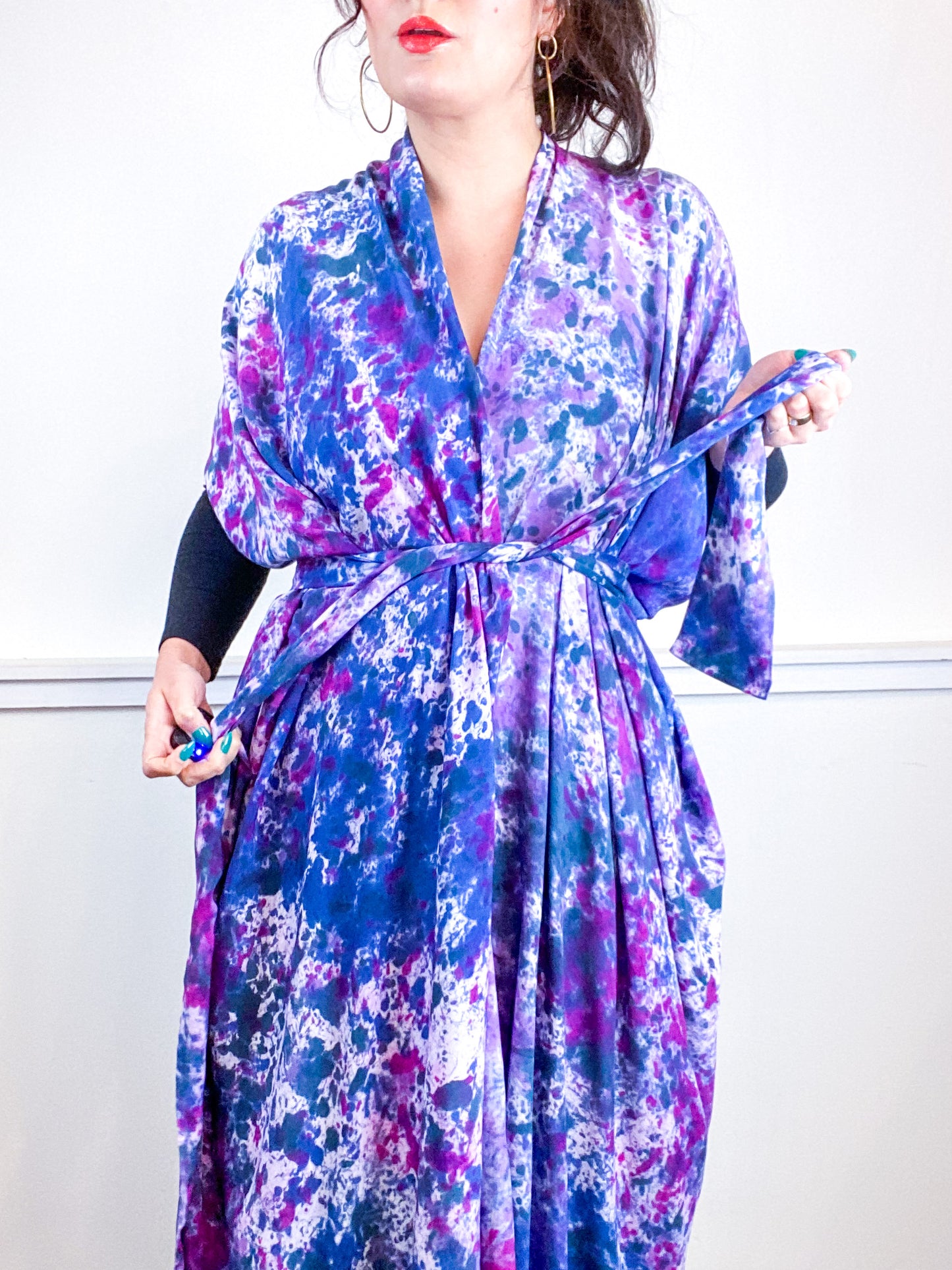 Hand-Dyed High Low Kimono Amethyst Orchid Indigo Teal Speckle