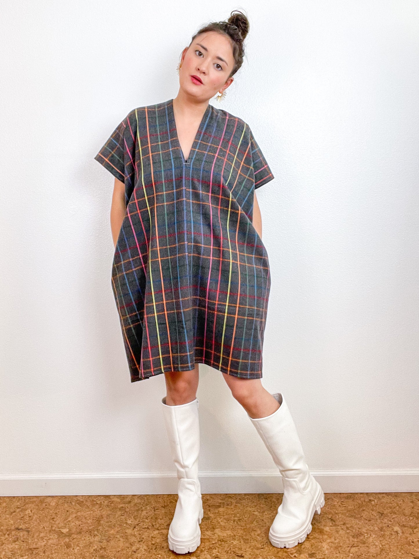 Plaid Flannel Smock Dress Grey Rainbow