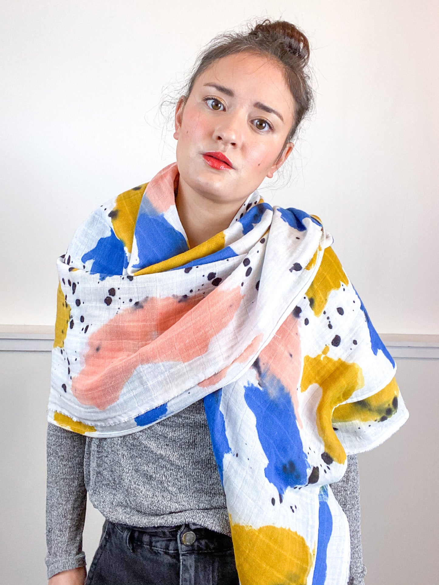 Hand-Dyed Large Square Scarf Coral Raven Marigold Sky