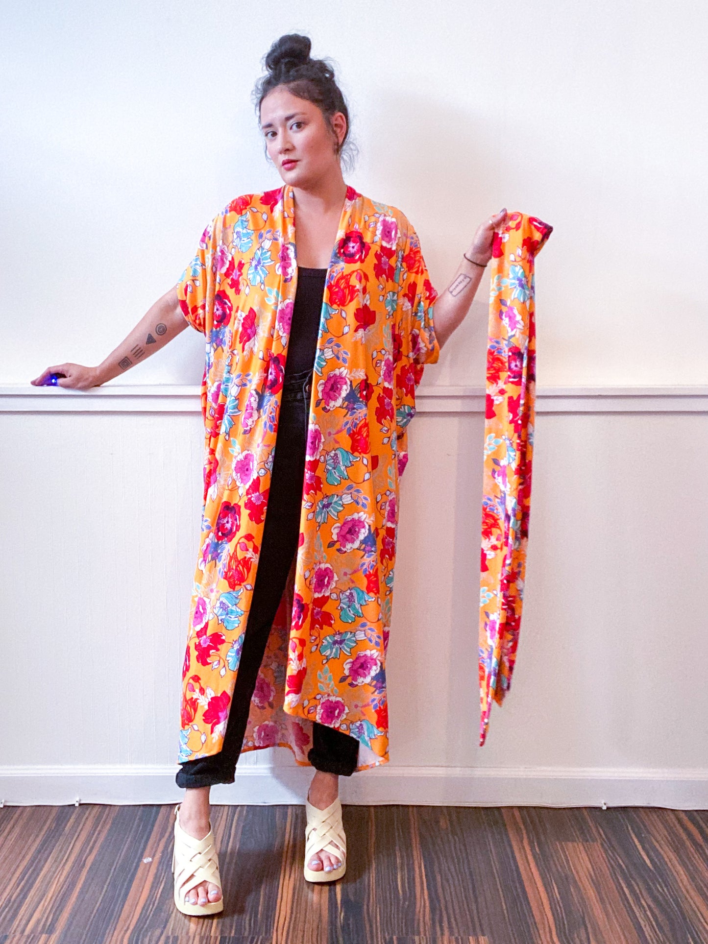 Print High Low Kimono Goldenrod Floral Knit