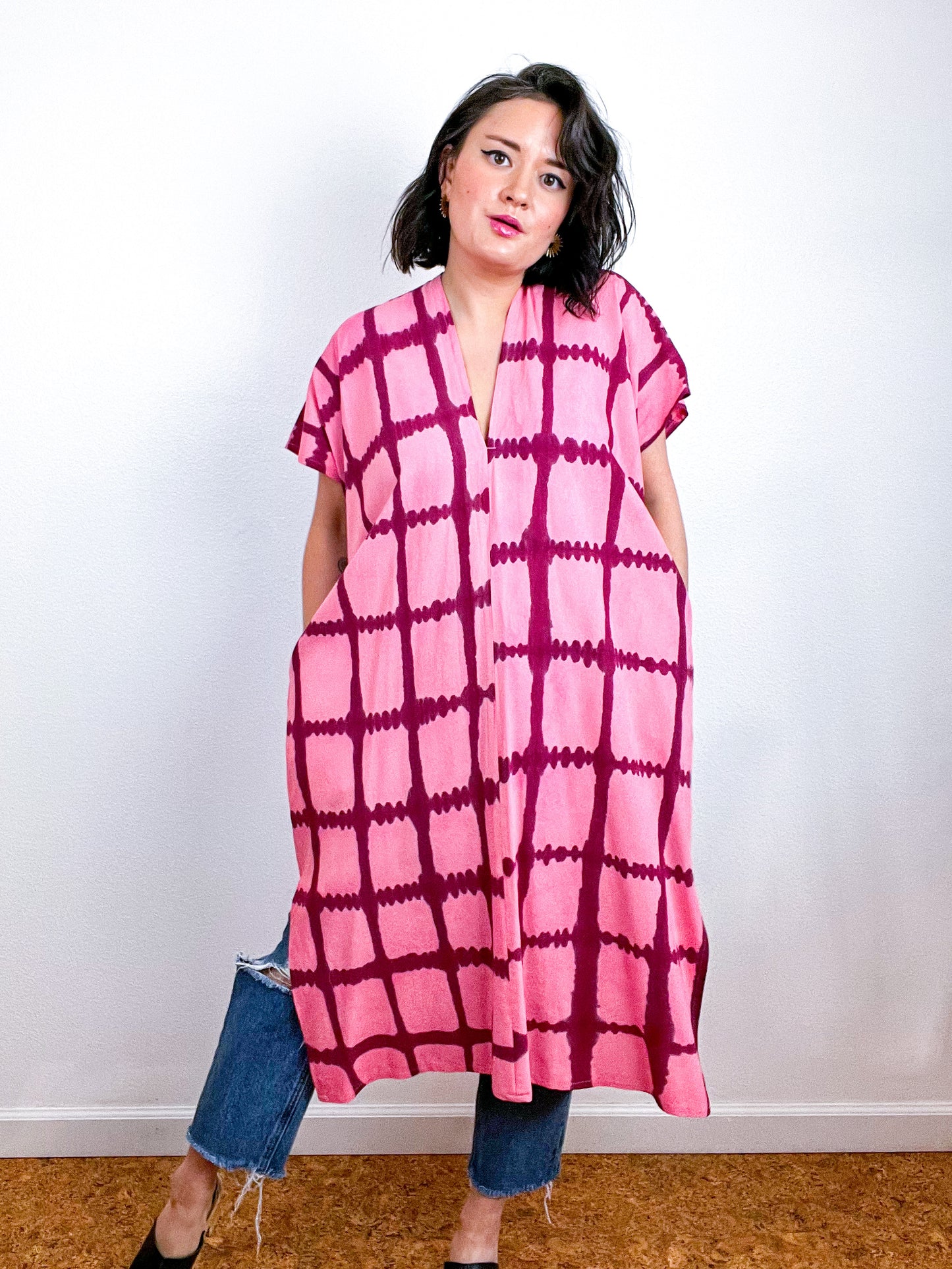 Hand-Dyed Midi Smock Dress Pink Maroon Windowpane