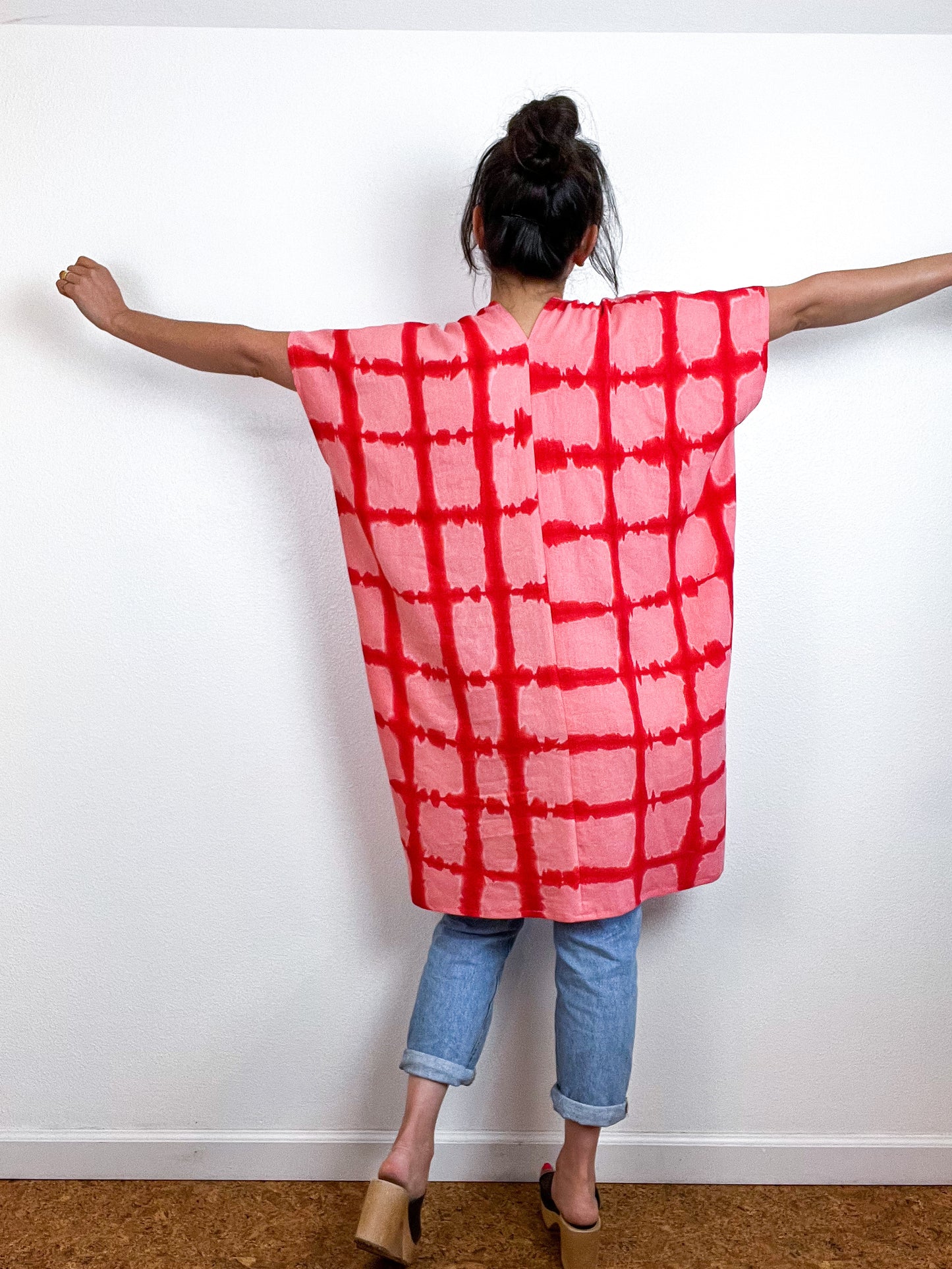 Hand-Dyed Mini Smock Dress Pink Scarlet Windowpane