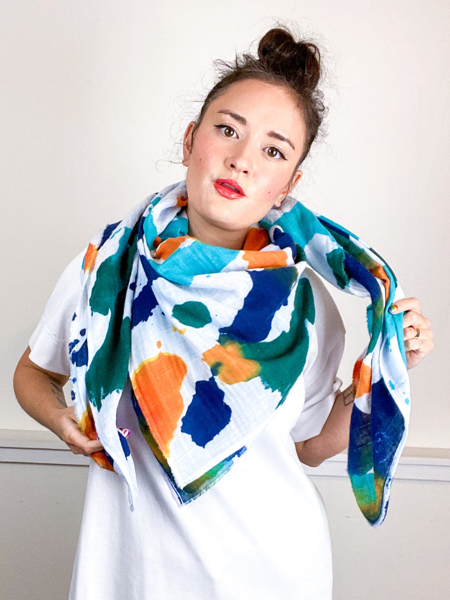 Hand-Dyed Large Square Scarf Indigo Tangerine Emerald Parakeet