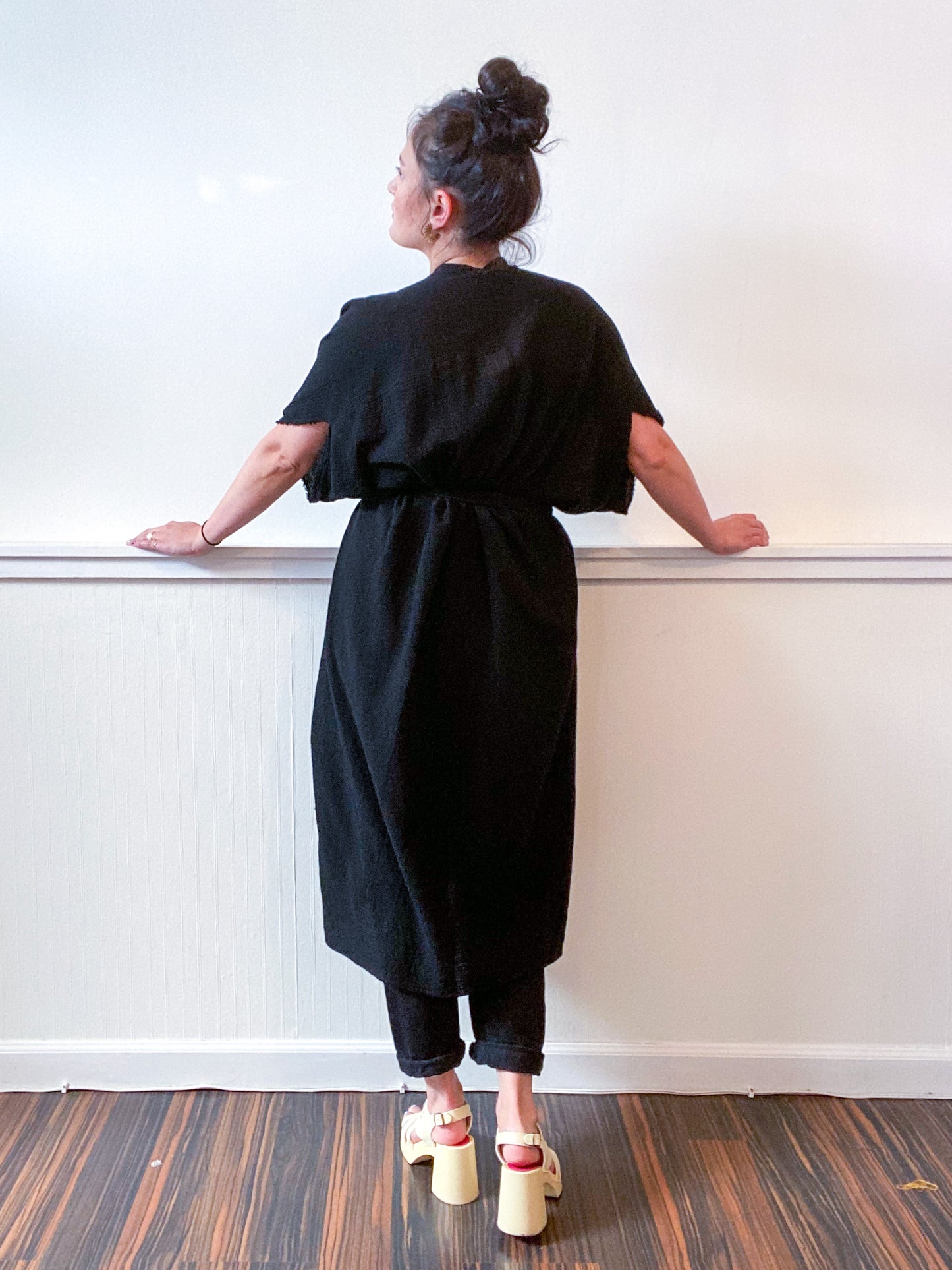 Solid High Low Kimono Black Cotton Gauze
