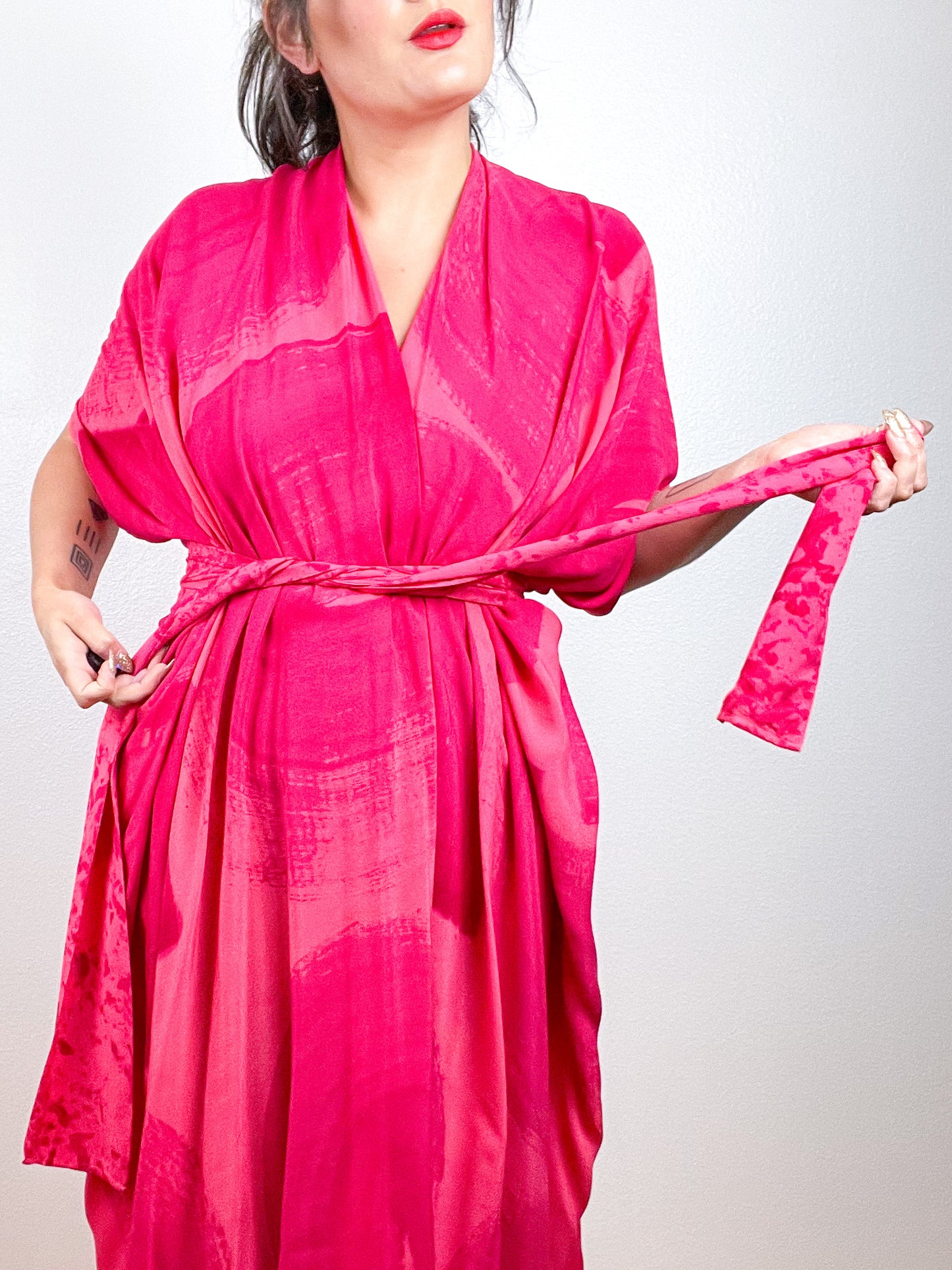 Hand-Dyed High Low Kimono Coral Fuchsia Brushstroke