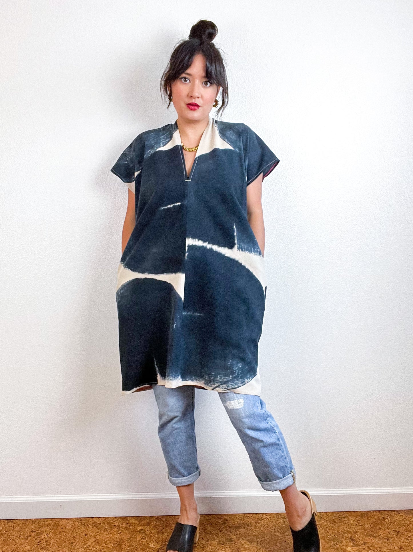 Hand-Dyed Mini Smock Dress Ecru Black Brush
