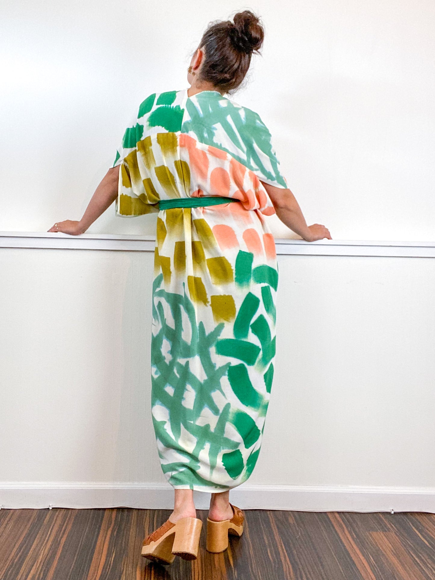 OOAK Hand-Dyed High Low Kimono Emerald Flamingo Amber Sea Brushstrokes