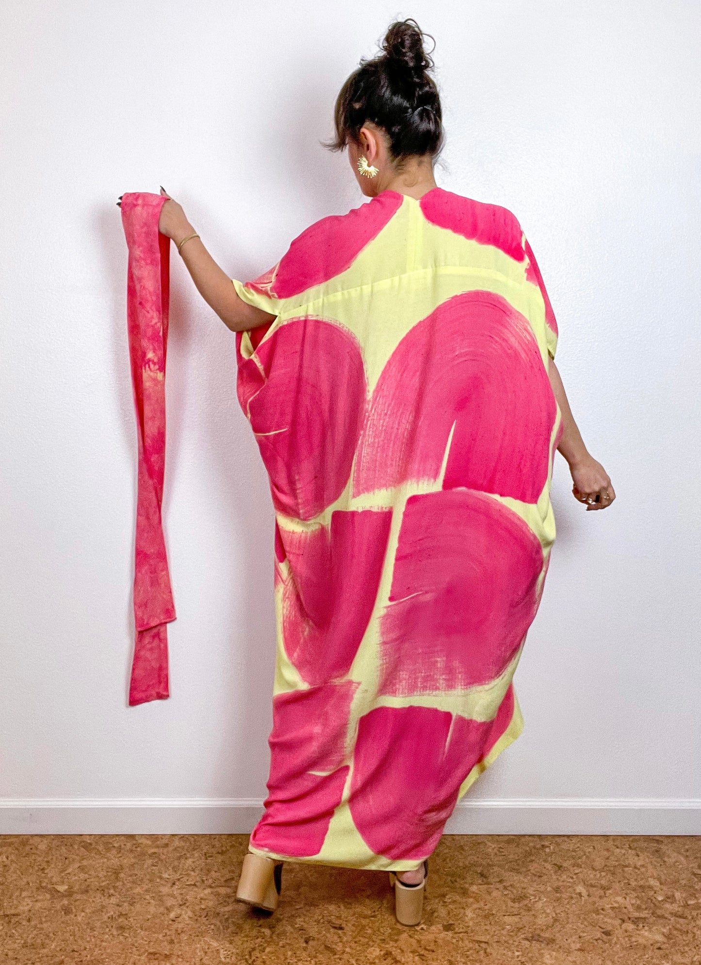 Hand-Dyed High Low Kimono Citron Coral Brushstroke