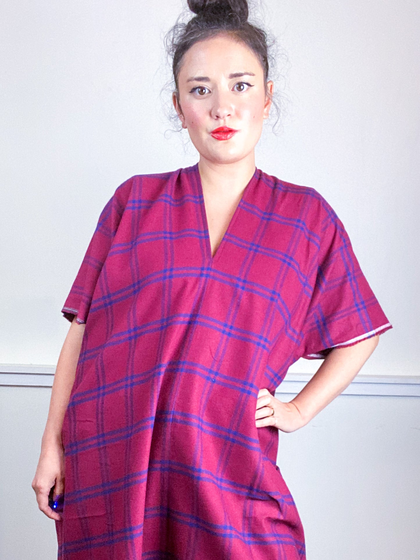 Plaid Smock Dress Maroon Navy Midi