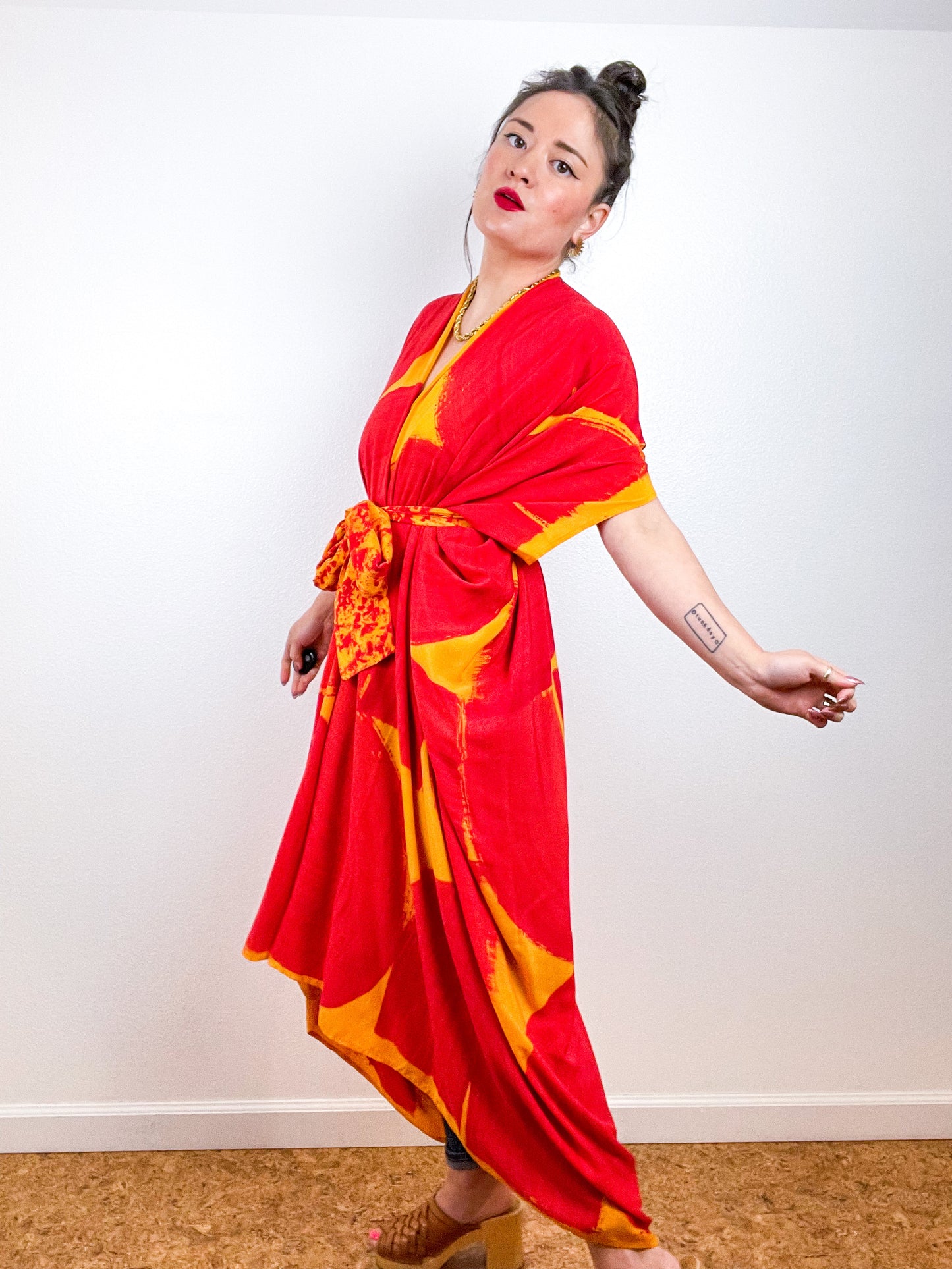 Hand-Dyed High Low Kimono Marigold Scarlet Brushstroke