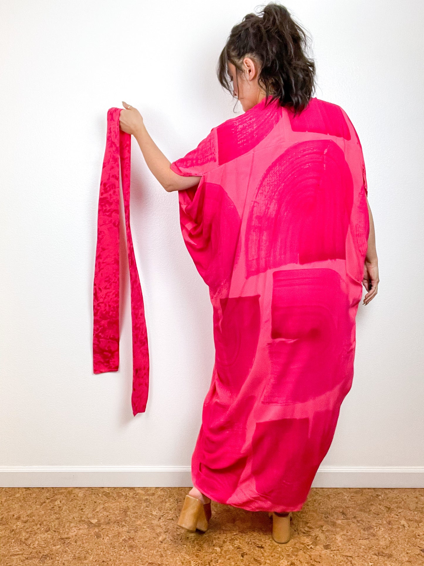 Hand-Dyed High Low Kimono Coral Fuchsia Brushstroke