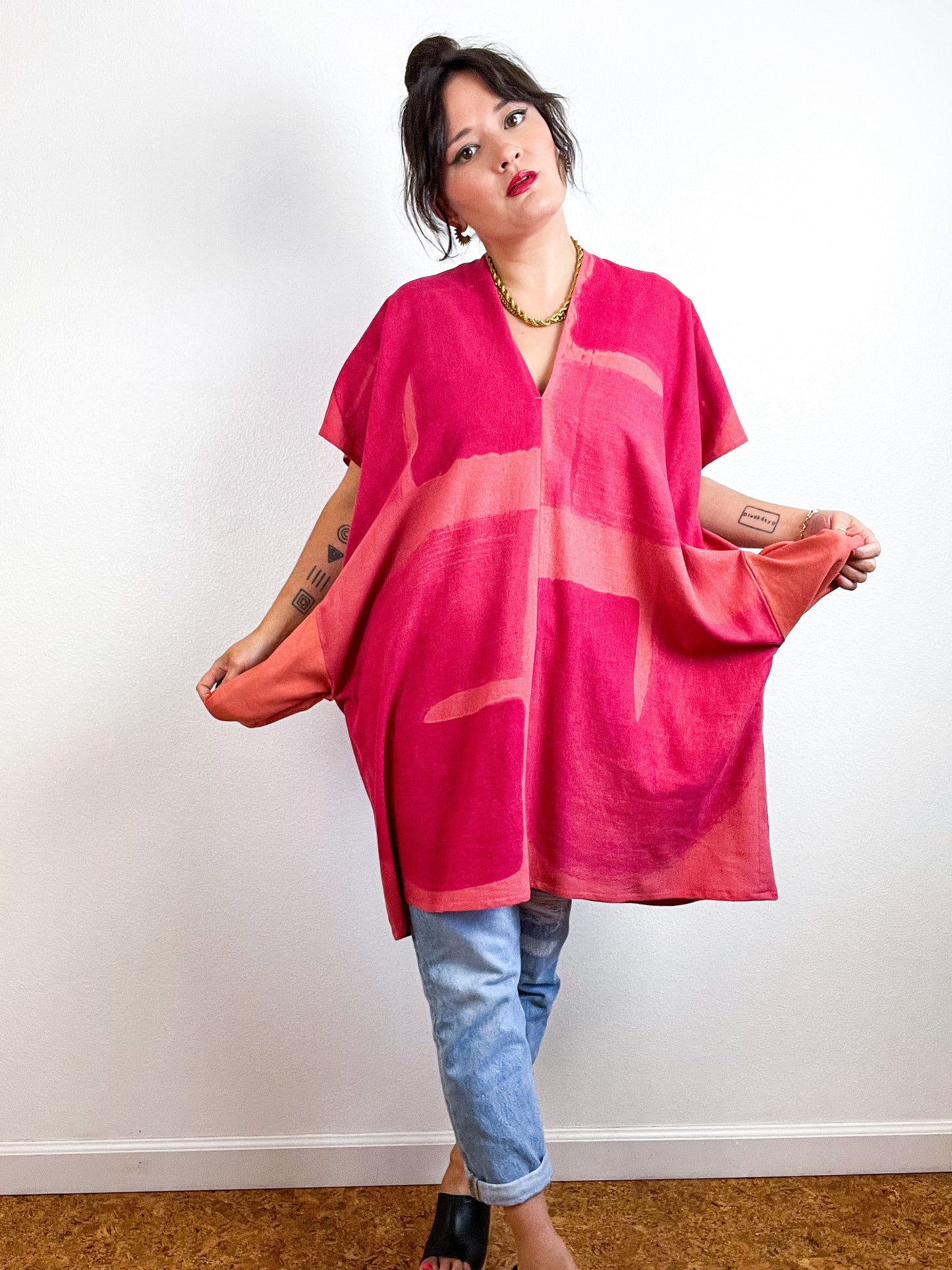 Hand-Dyed Mini Smock Dress Orange Fuchsia Brush