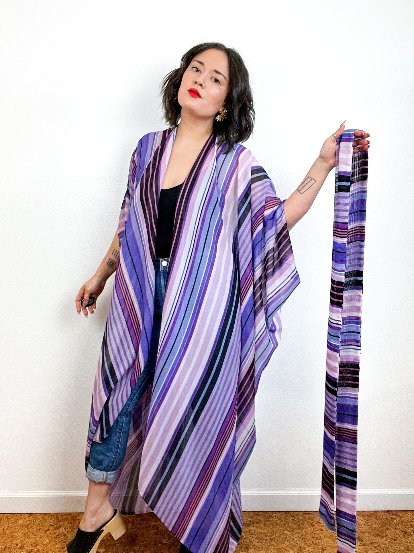 Print High Low Kimono Purple Stripes Chiffon