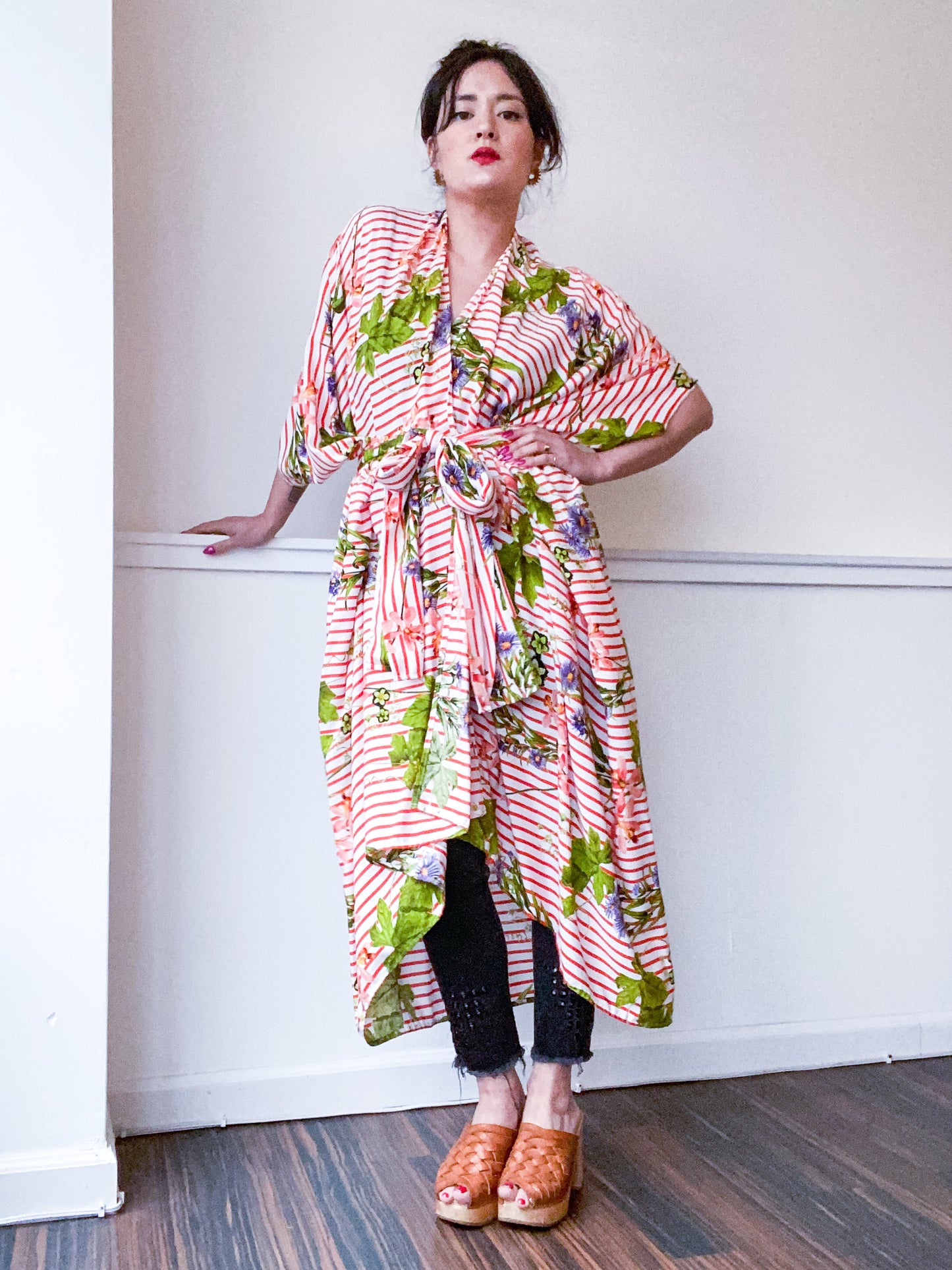 Print High Low Kimono Red Stripe Wildflowers Rayon Challis