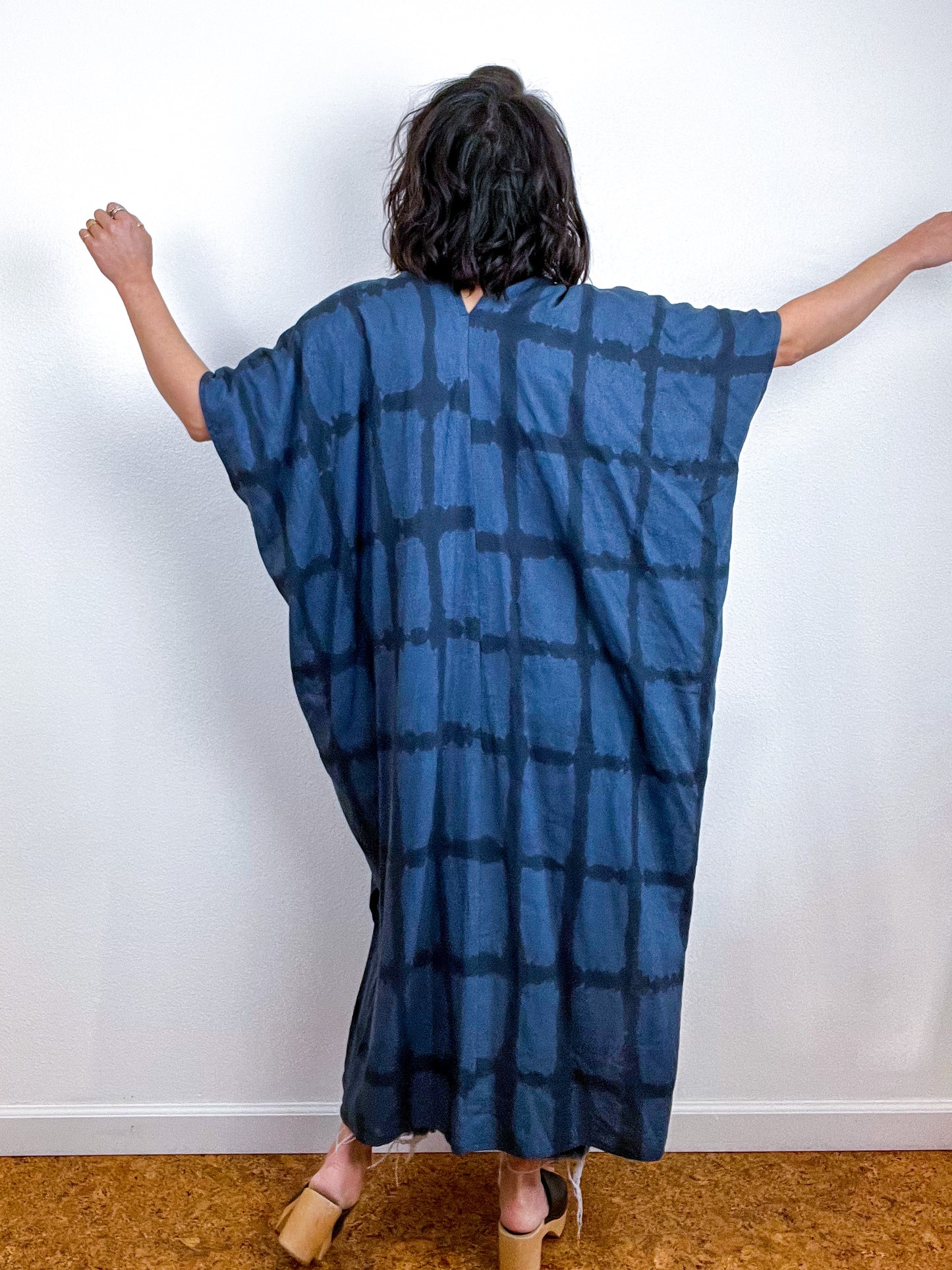 Hand-Dyed Midi Smock Dress Navy Black Windowpane