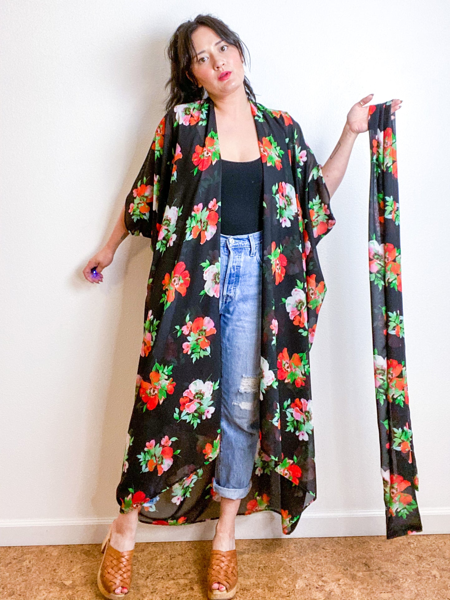 Print High Low Kimono Black Poppies Chiffon