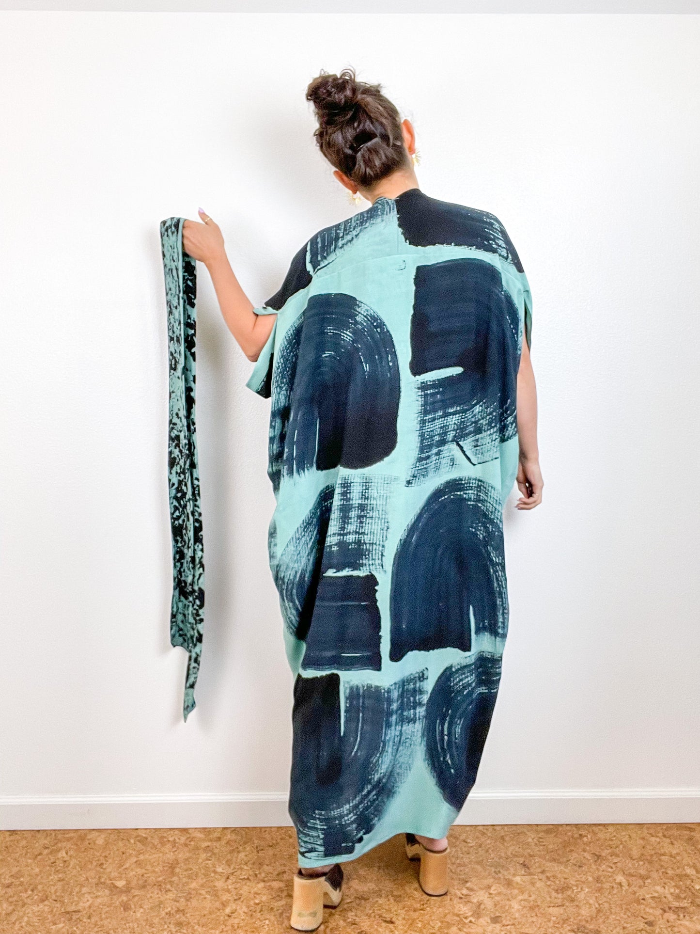 Hand-Dyed High Low Kimono Aqua Black Brushstroke