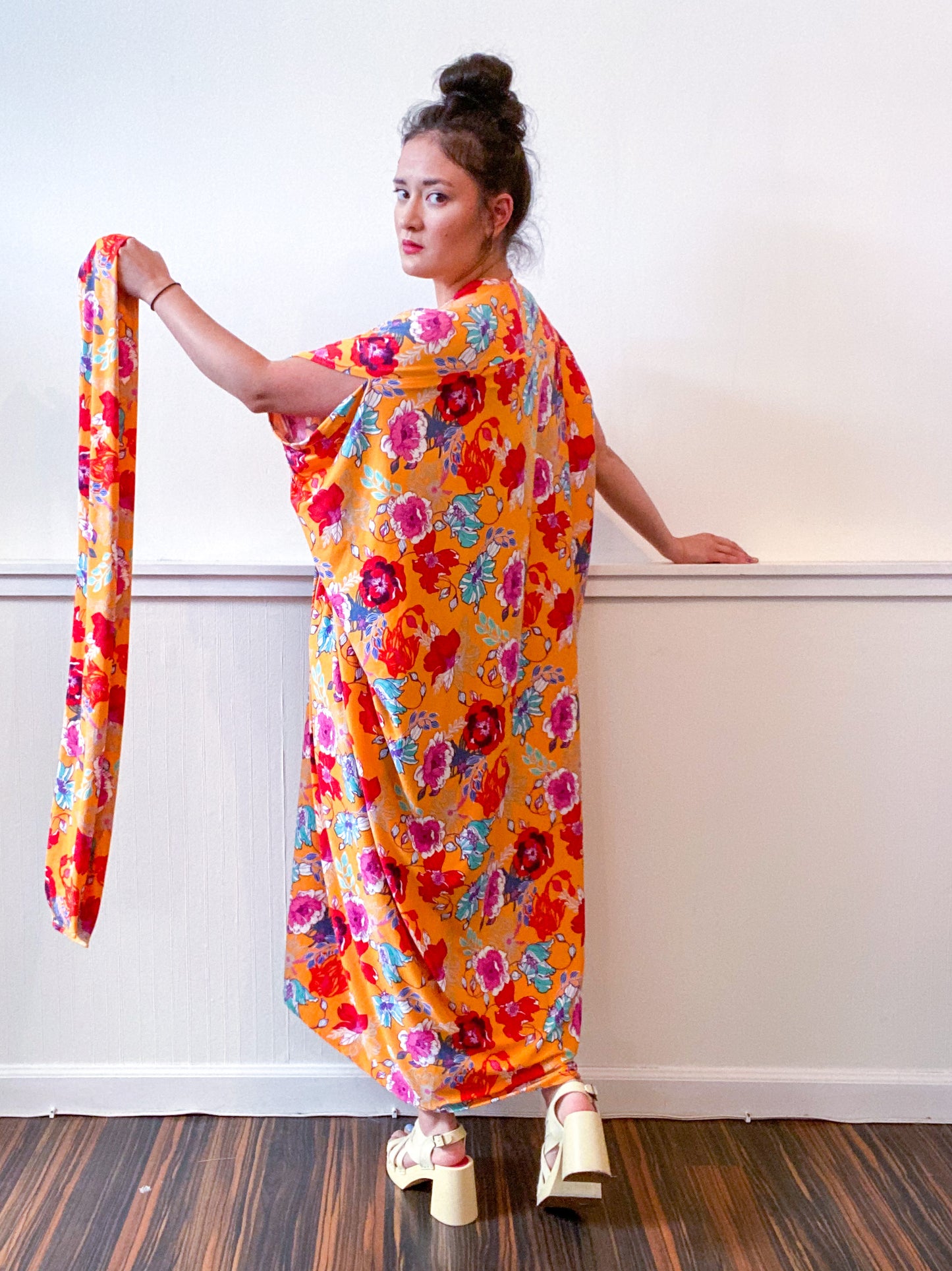Print High Low Kimono Goldenrod Floral Knit