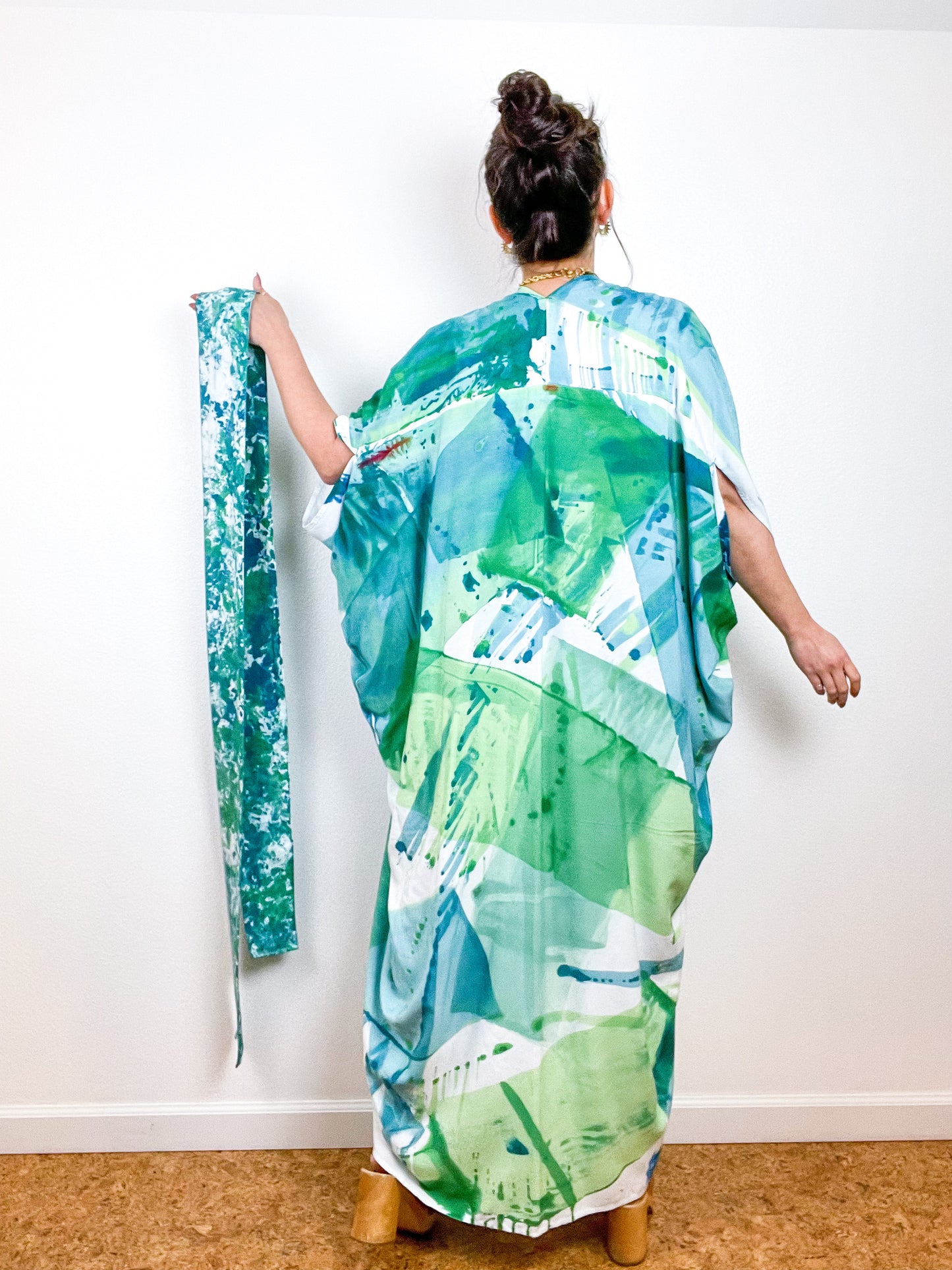 Hand-Dyed High Low Kimono Green Teal Prism