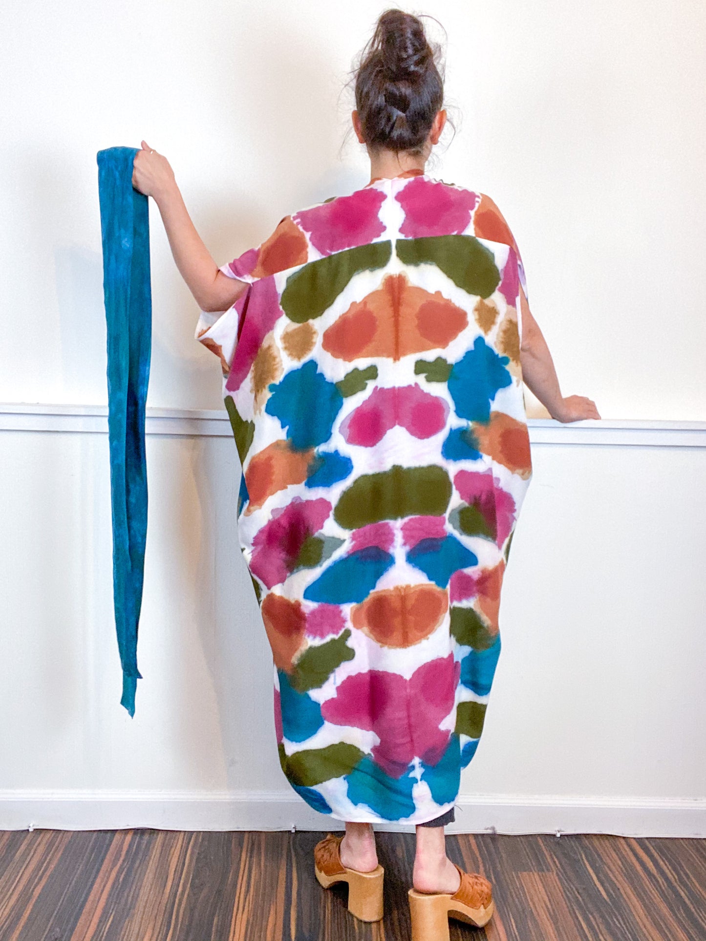 OOAK Hand-Dyed High Low Kimono Teal Terracotta Maroon Moss Inkblot