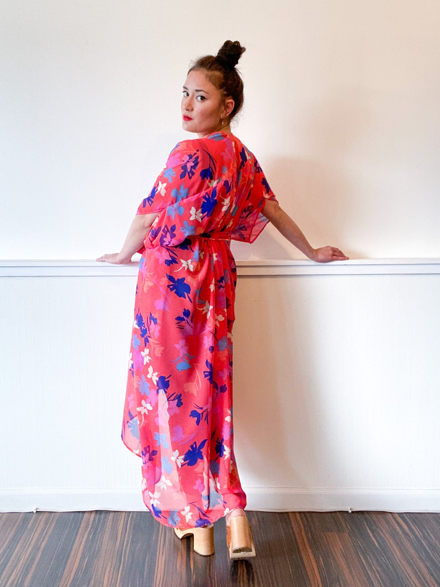 Print High Low Kimono Coral Floral Chiffon