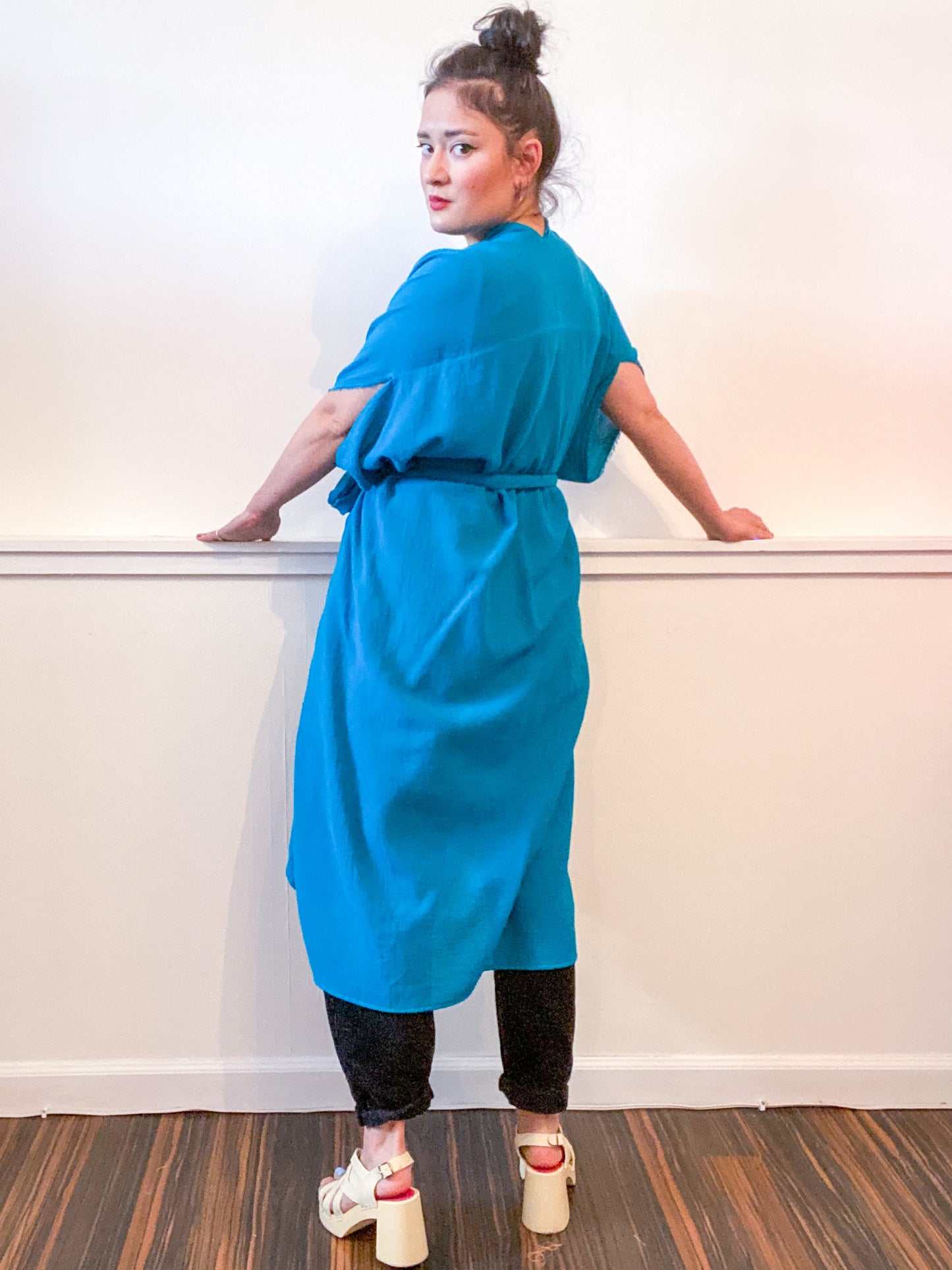 Solid High Low Kimono Turquoise Cotton Gauze