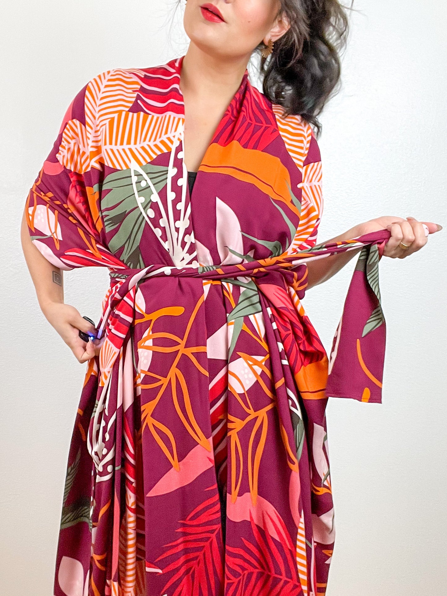 Print High Low Kimono Maroon Mod Leaves Challis