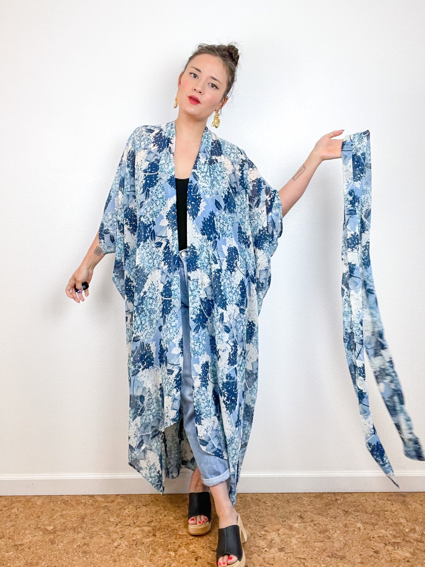 Print High Low Kimono Blue Hydrangea Floral Chiffon