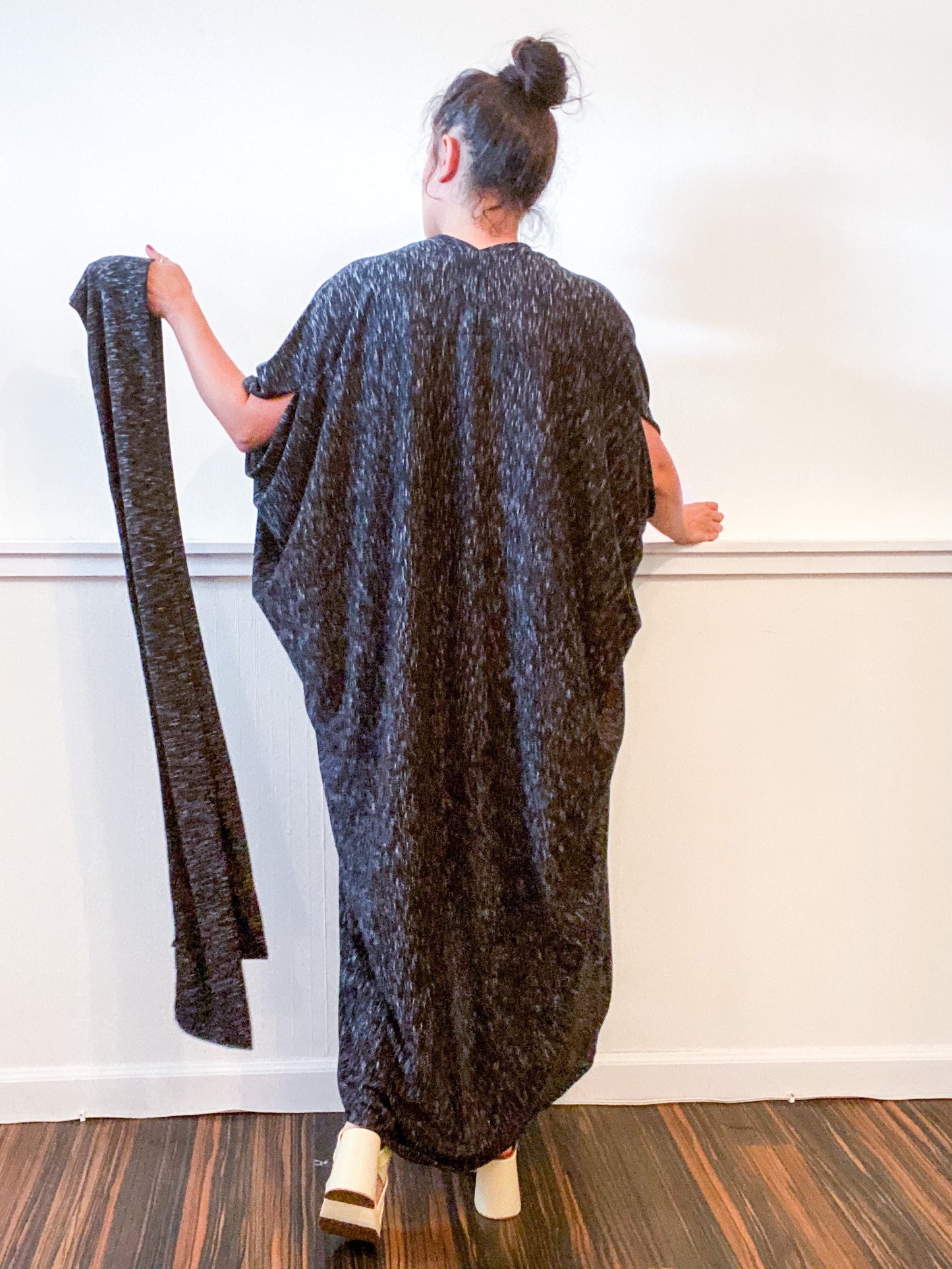 Solid High Low Kimono Charcoal Slub Sweater Knit