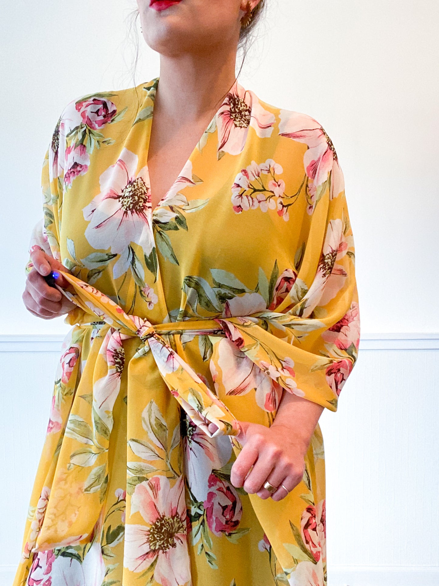 Print High Low Kimono Goldenrod Floral Chiffon