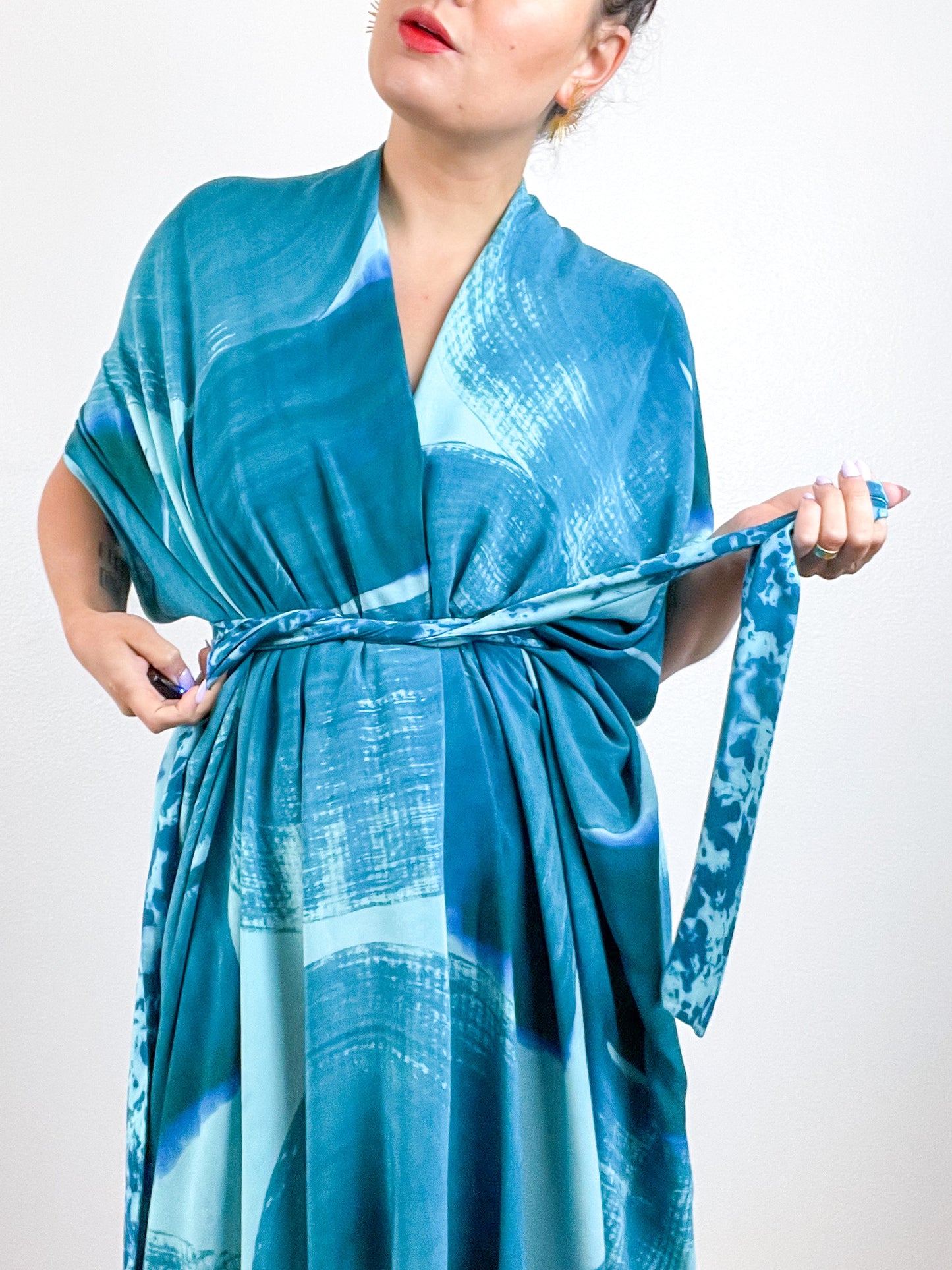 Hand-Dyed High Low Kimono Aqua Teal Brushstroke
