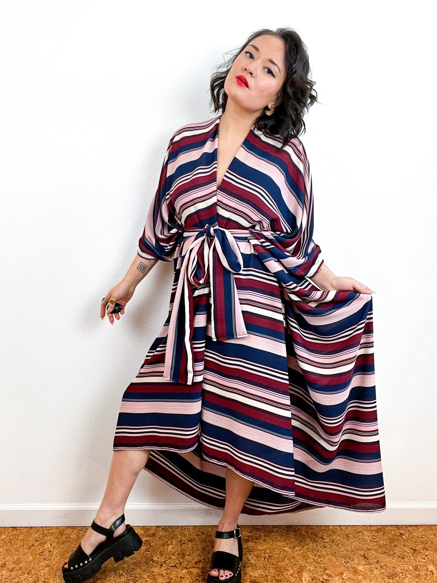 Print High Low Kimono Maroon Navy Pink Stripe Georgette