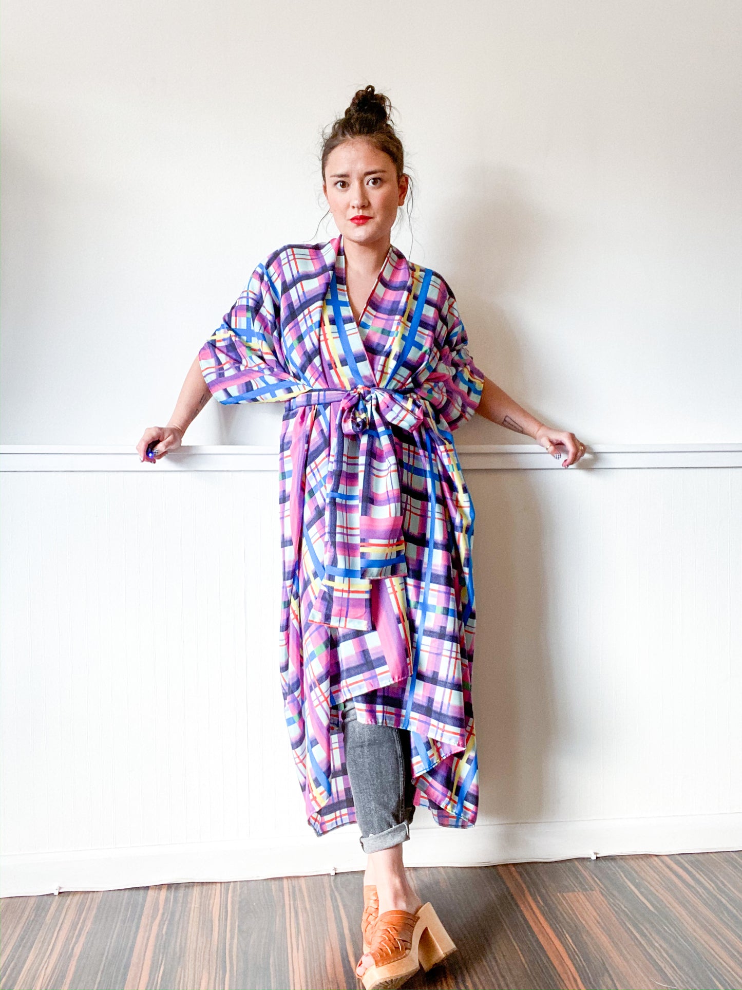 Print High Low Kimono Aqua Lilac Plaid