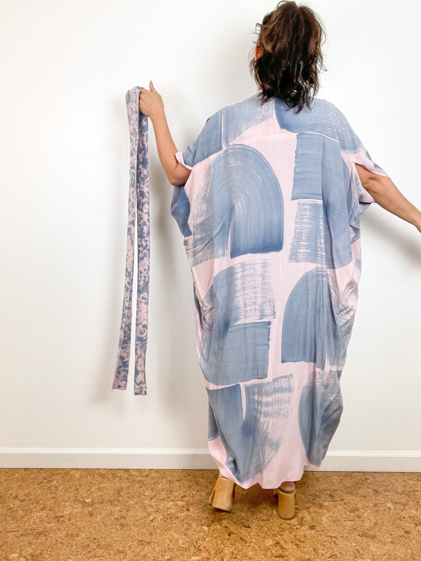Hand-Dyed High Low Kimono Blush Blue Brushstroke