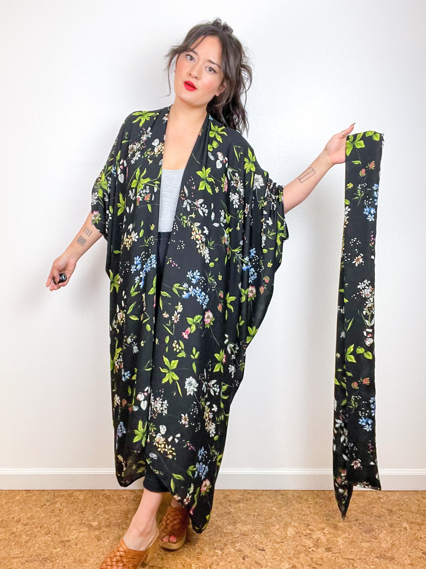 Print High Low Kimono Black Wildflower Crinkle Gauze