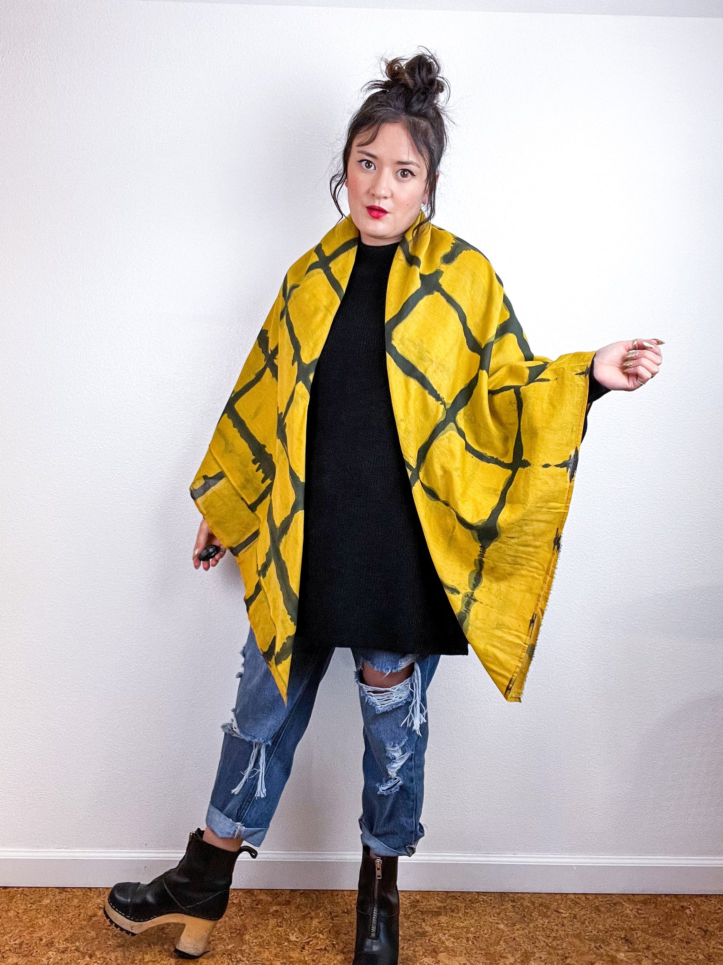 Hand-Dyed Cotton Voile Scarf Marigold Black Windowpane