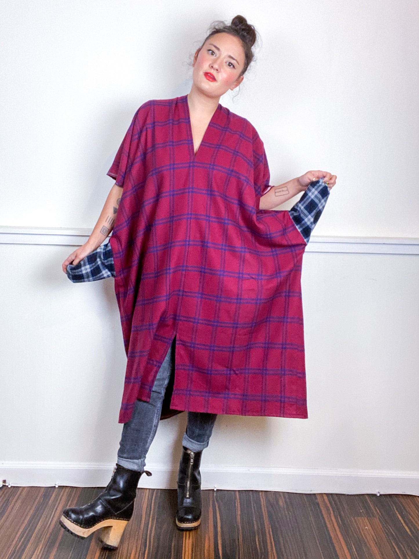 Plaid Smock Dress Maroon Navy Midi
