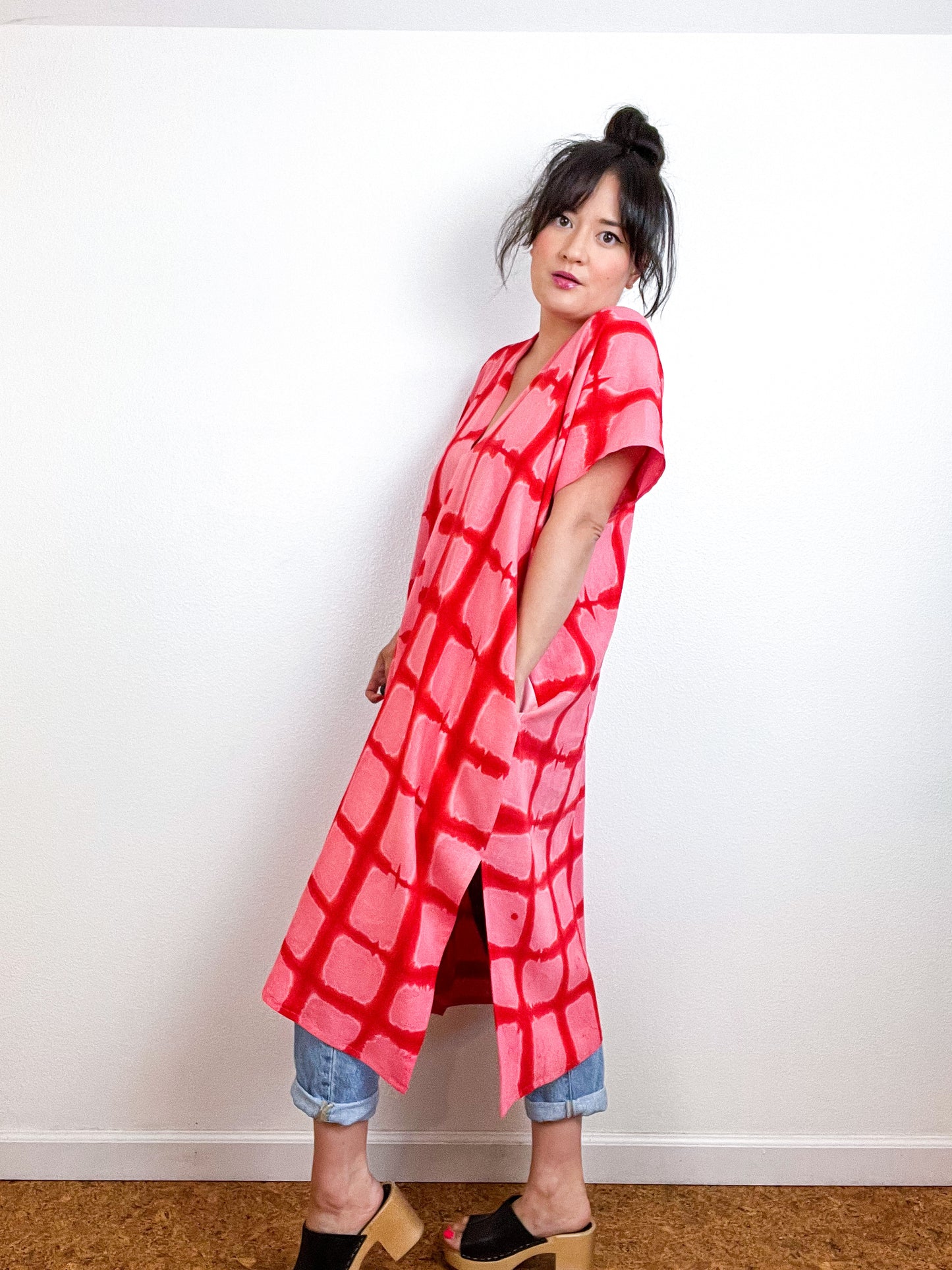 Hand-Dyed Midi Smock Dress Pink Scarlet Windowpane