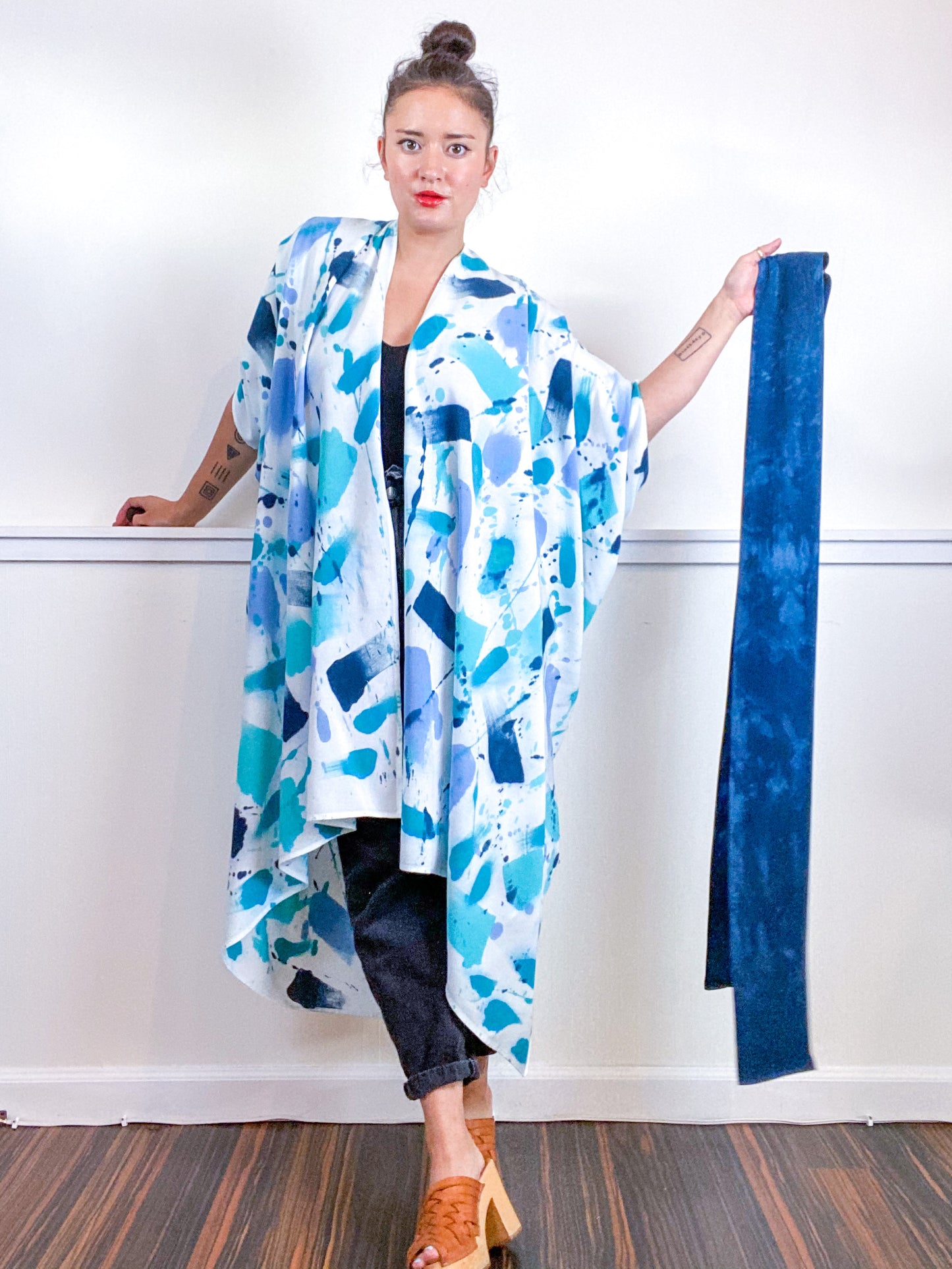 OOAK Hand-Dyed High Low Kimono Teal Parakeet Baby Blue Aqua Gesture