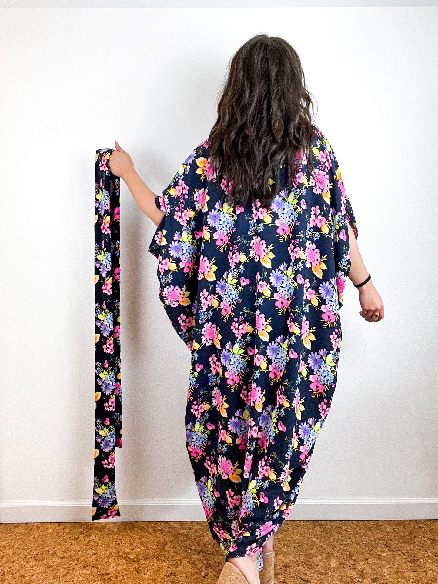 Print High Low Kimono Navy Neon Floral Charmeuse
