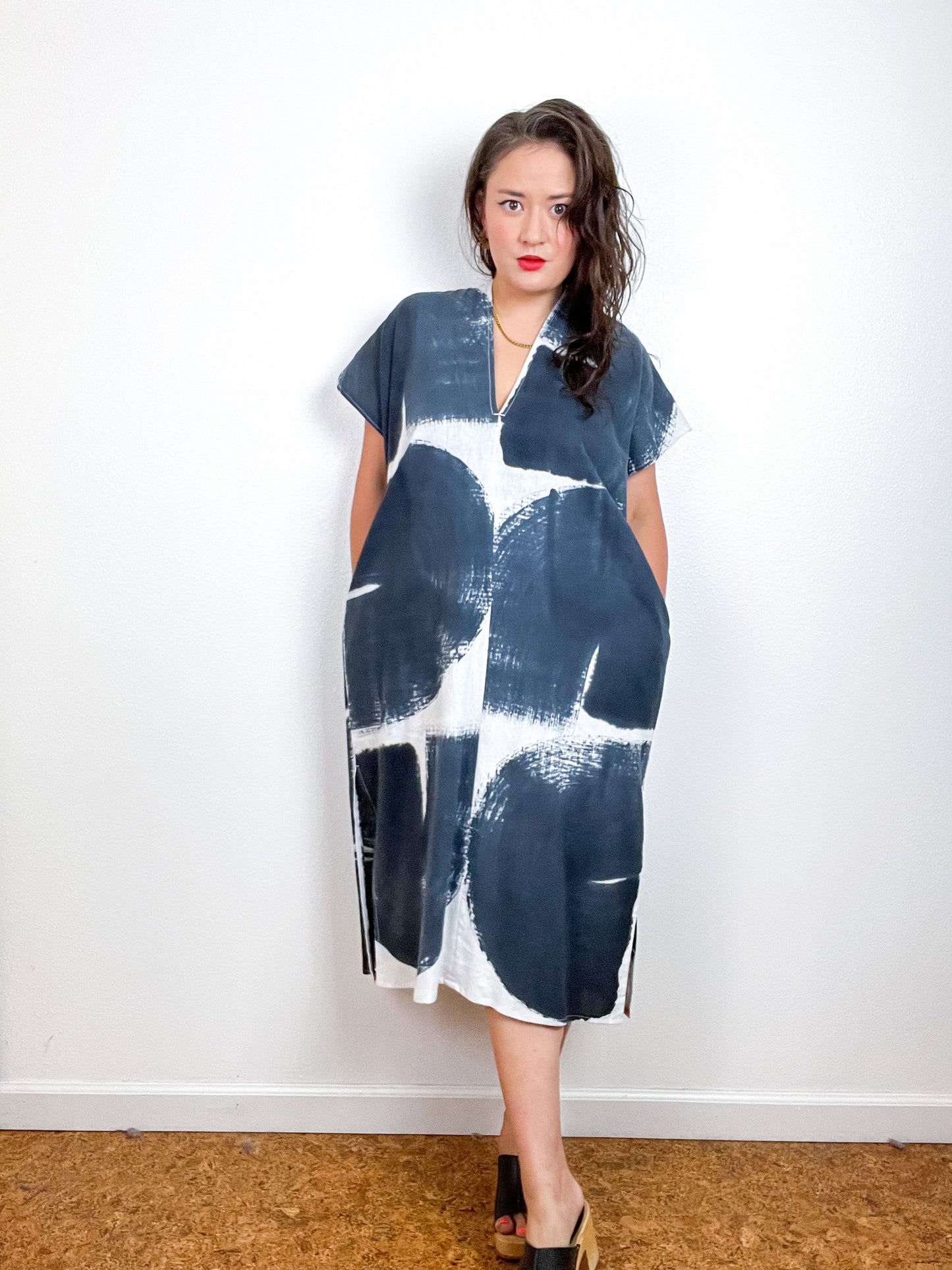 Hand-Dyed Midi Smock Dress White Black Brush
