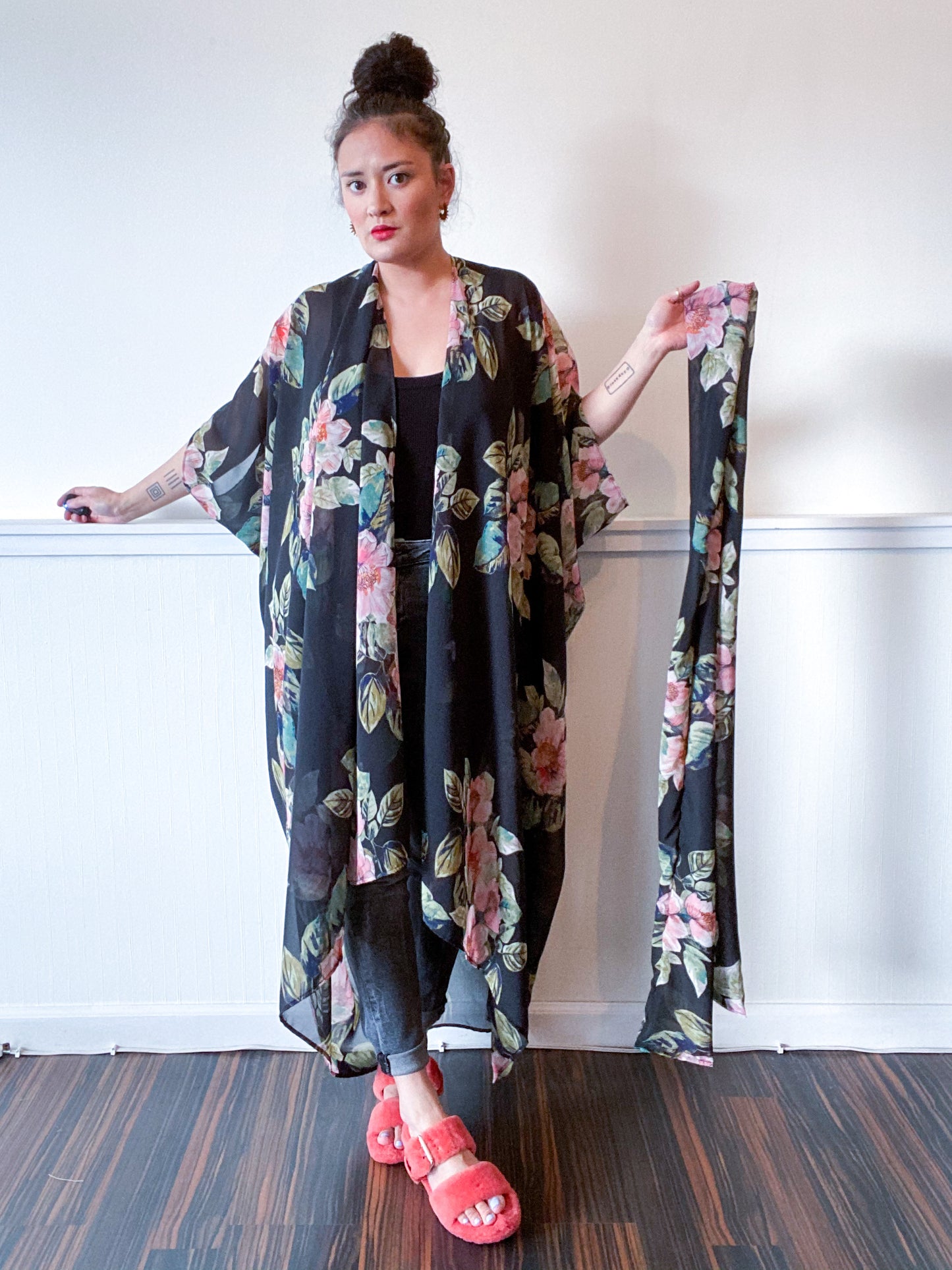 Print High Low Kimono Black Rose Floral Chiffon