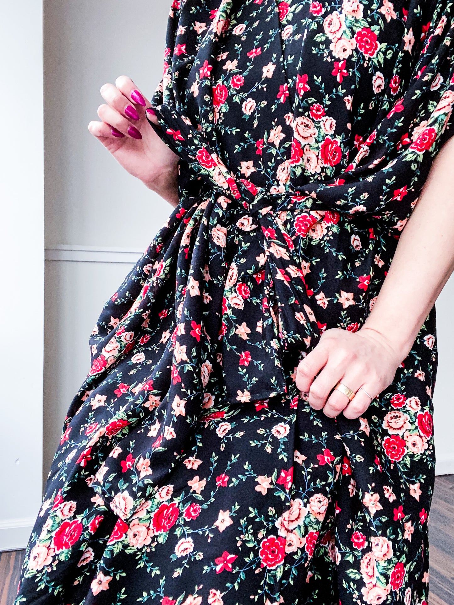 Print High Low Kimono Black Mini Red Rose Floral