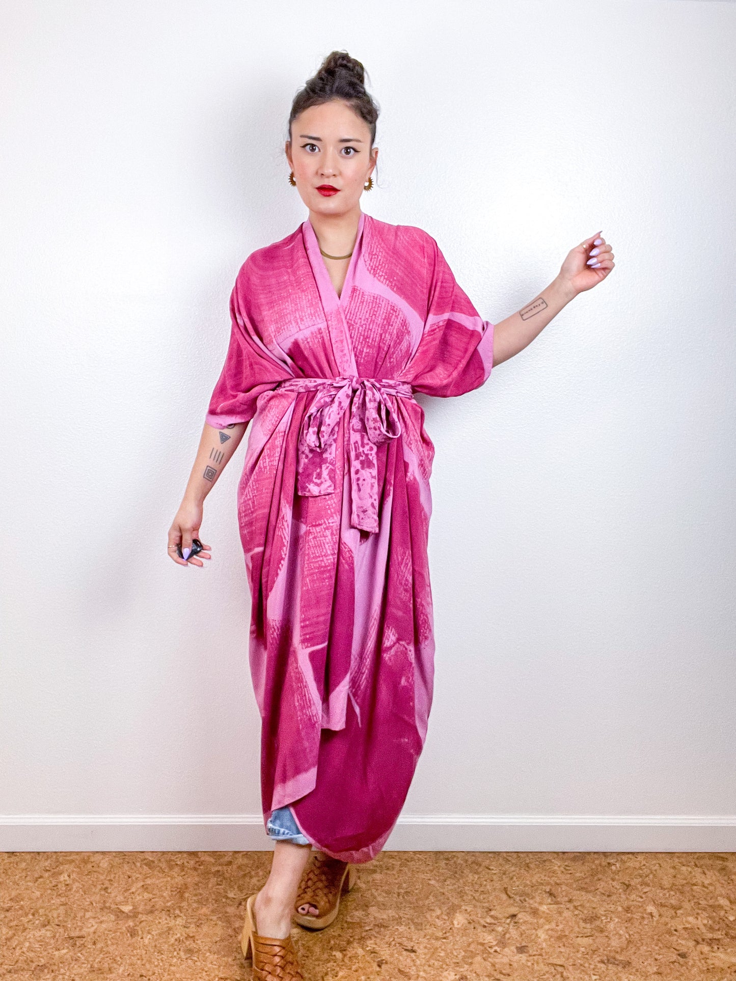 Hand-Dyed High Low Kimono Pink Magenta Brushstroke
