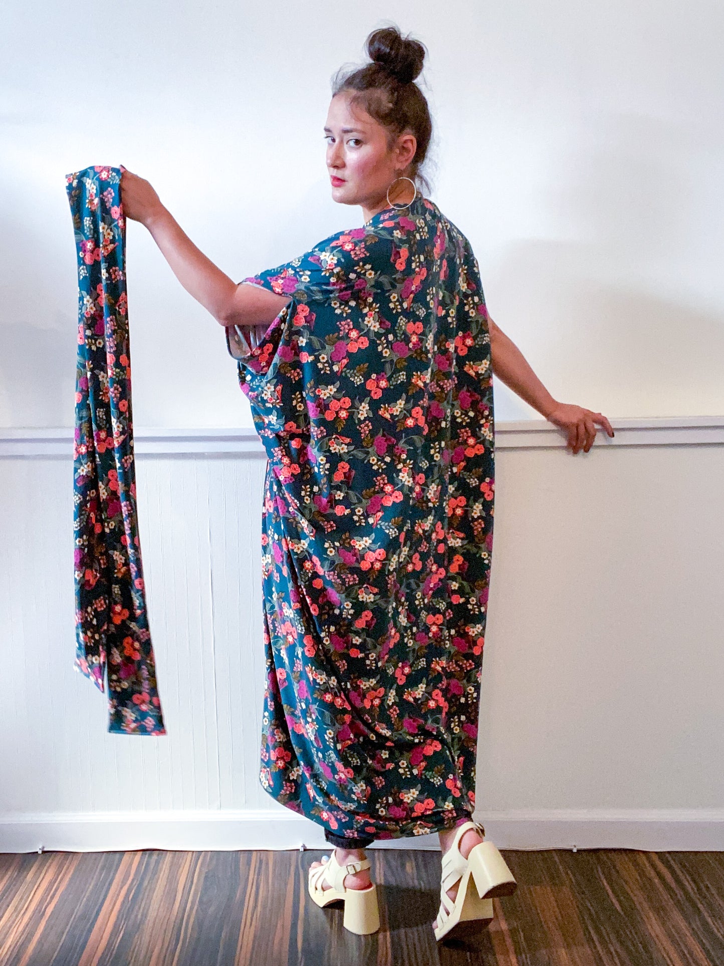 Print High Low Kimono Forest Green Mini Floral Knit