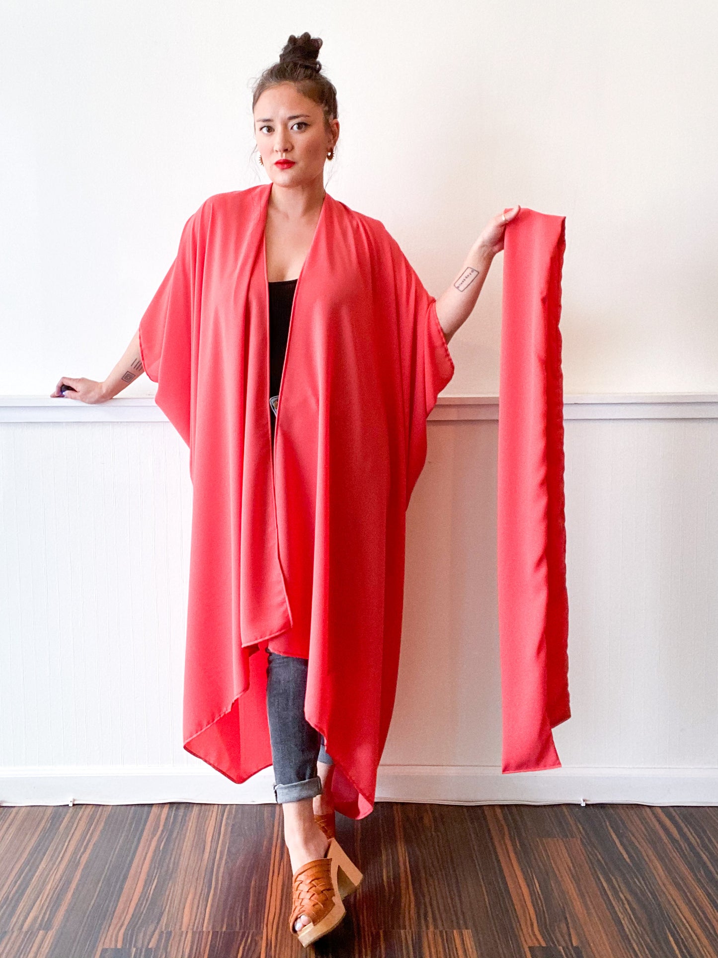 Print High Low Kimono Solid Coral Georgette