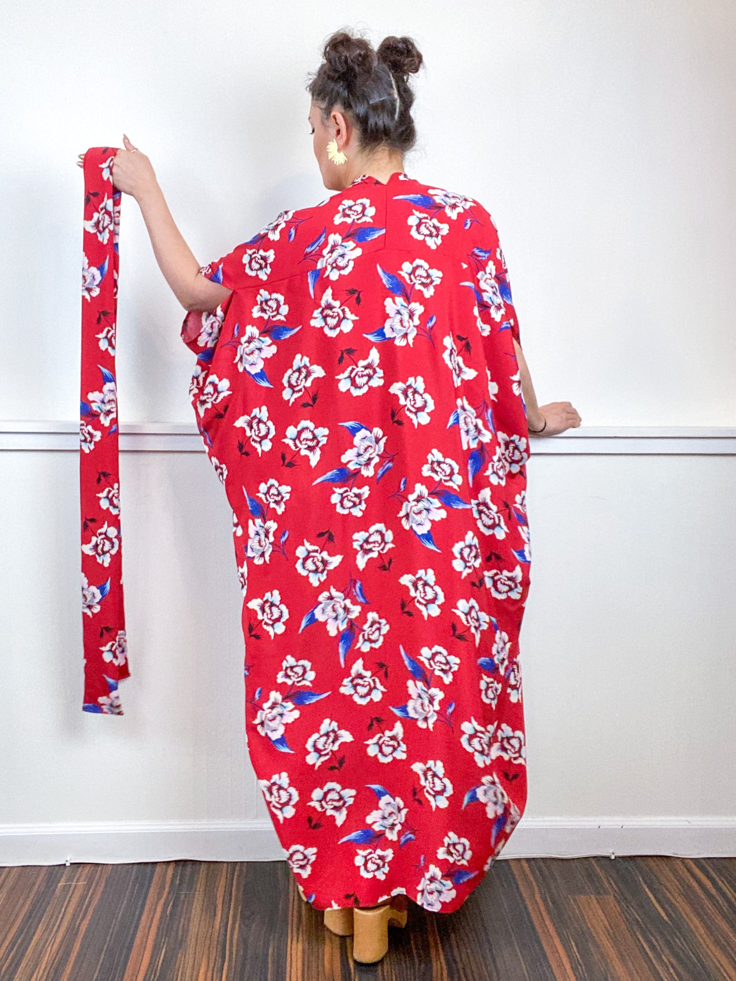 Print High Low Kimono Red Floral Crepe