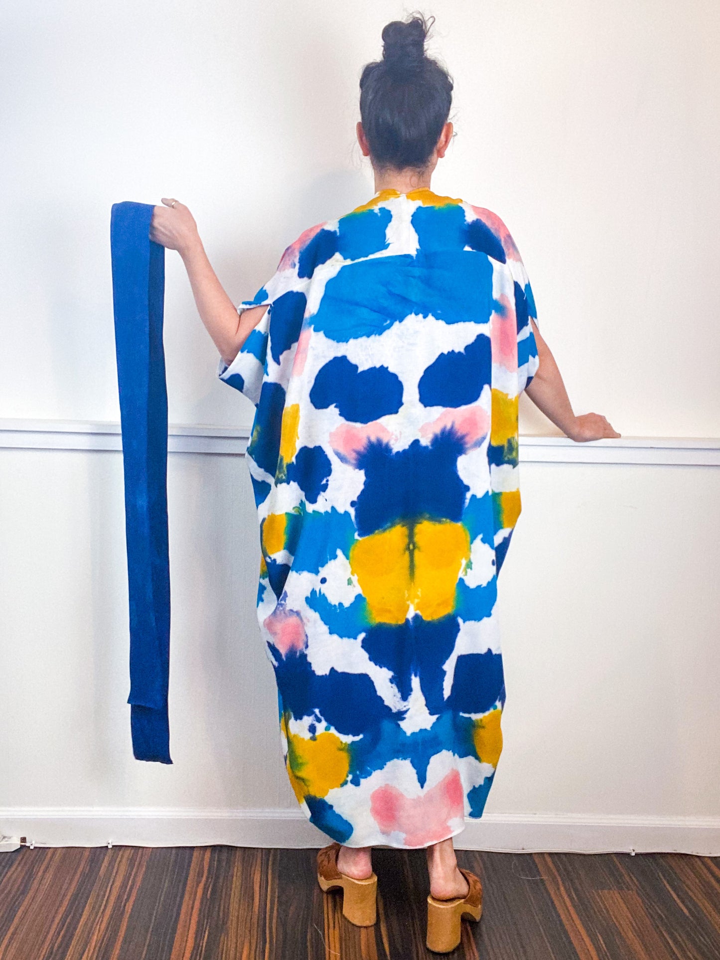 OOAK Hand-Dyed High Low Kimono Marigold Kingfisher Indigo Coral Inkblot