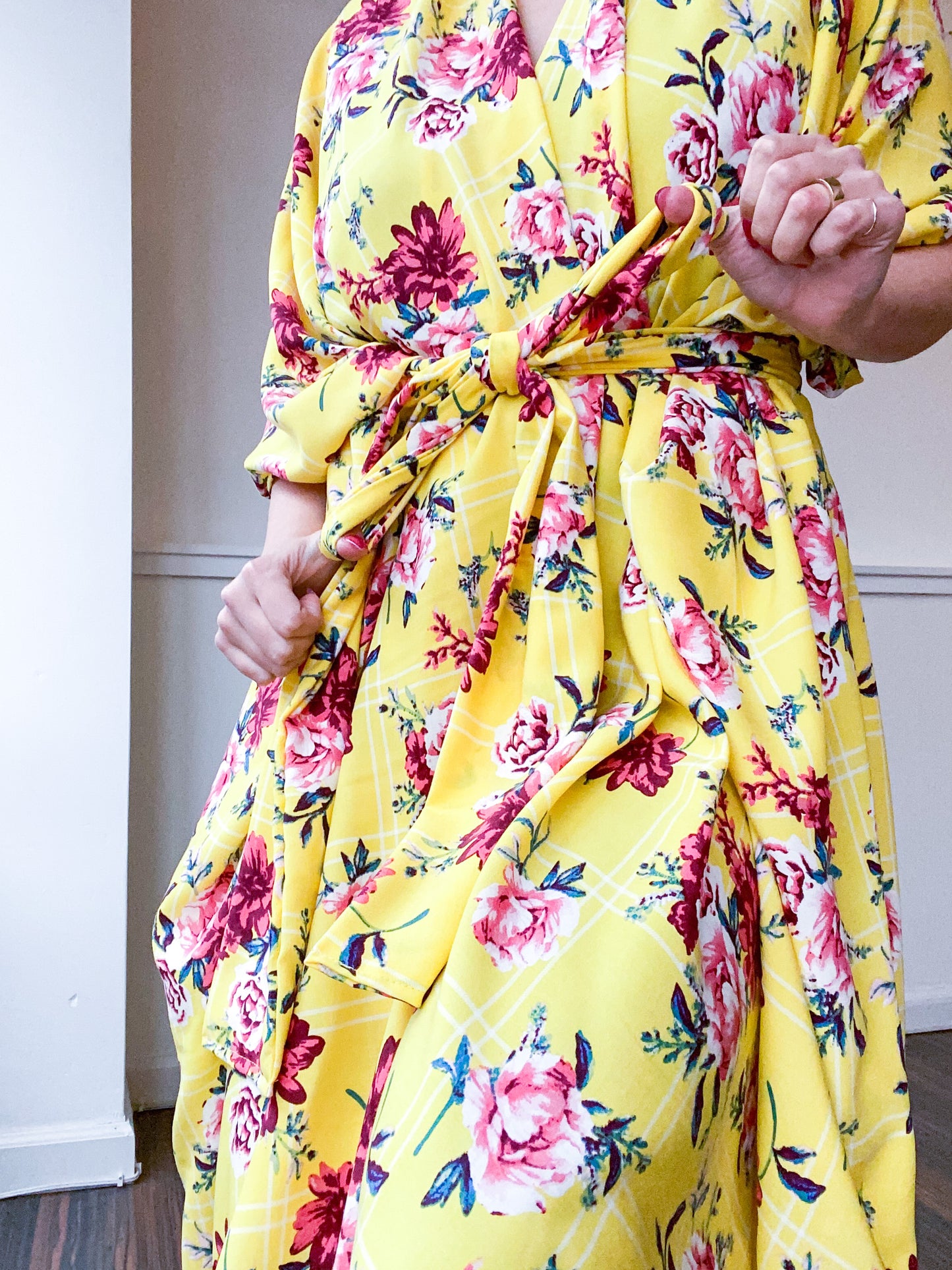 Print High Low Kimono Yellow Grid Floral Rayon Challis